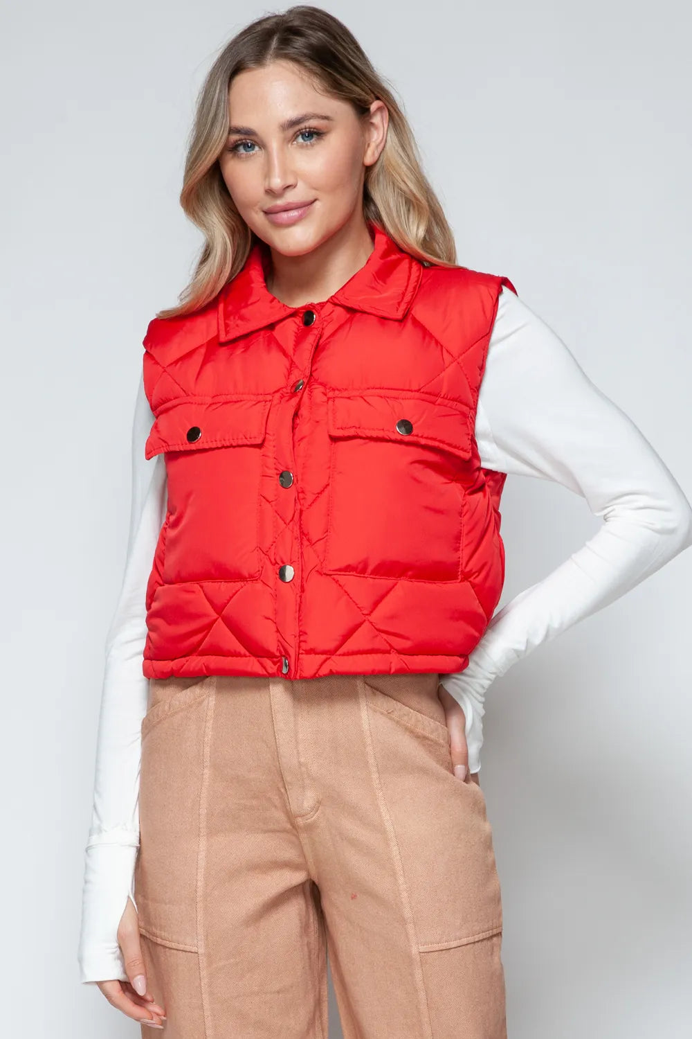 Snobbish Snap Down Quilted Crop Vest in Red, view 5