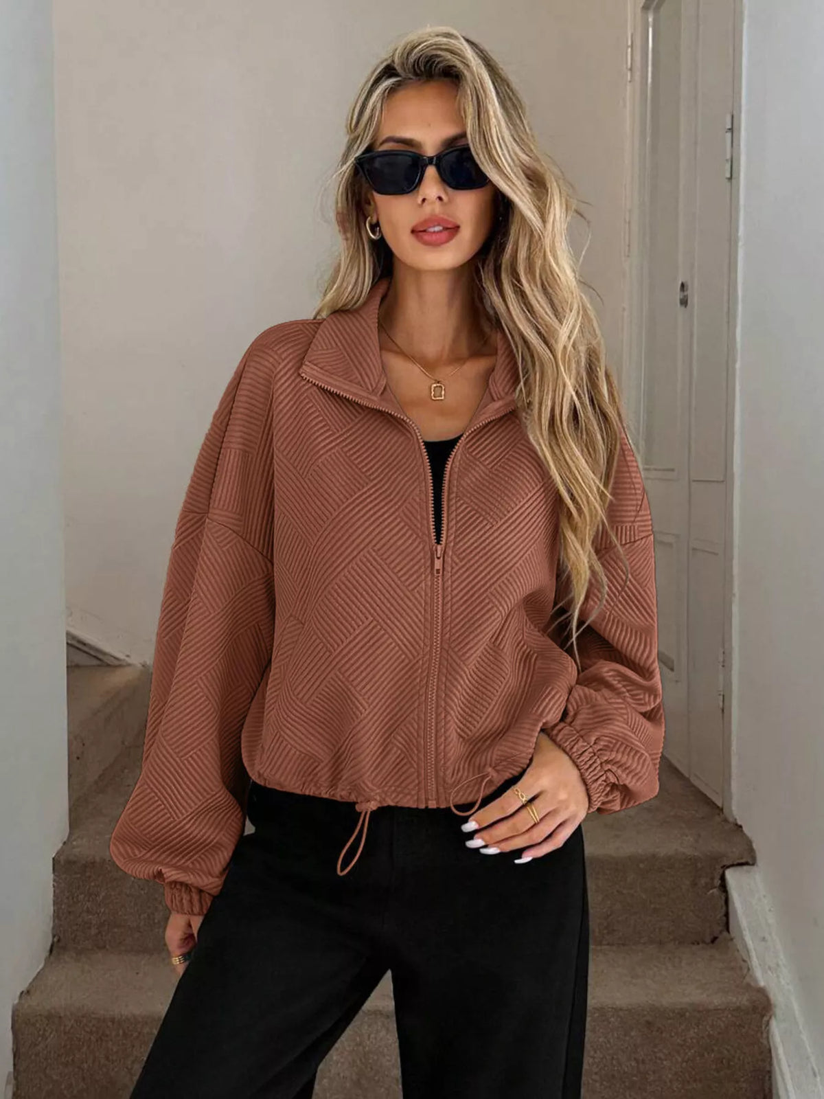 Drawstring Hem Textured Long Sleeve Jacket, view 20