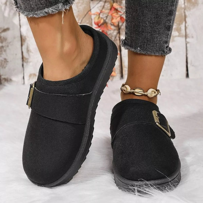 Buckle Decor Plush Lined Warm Slippers - Lilixa.store