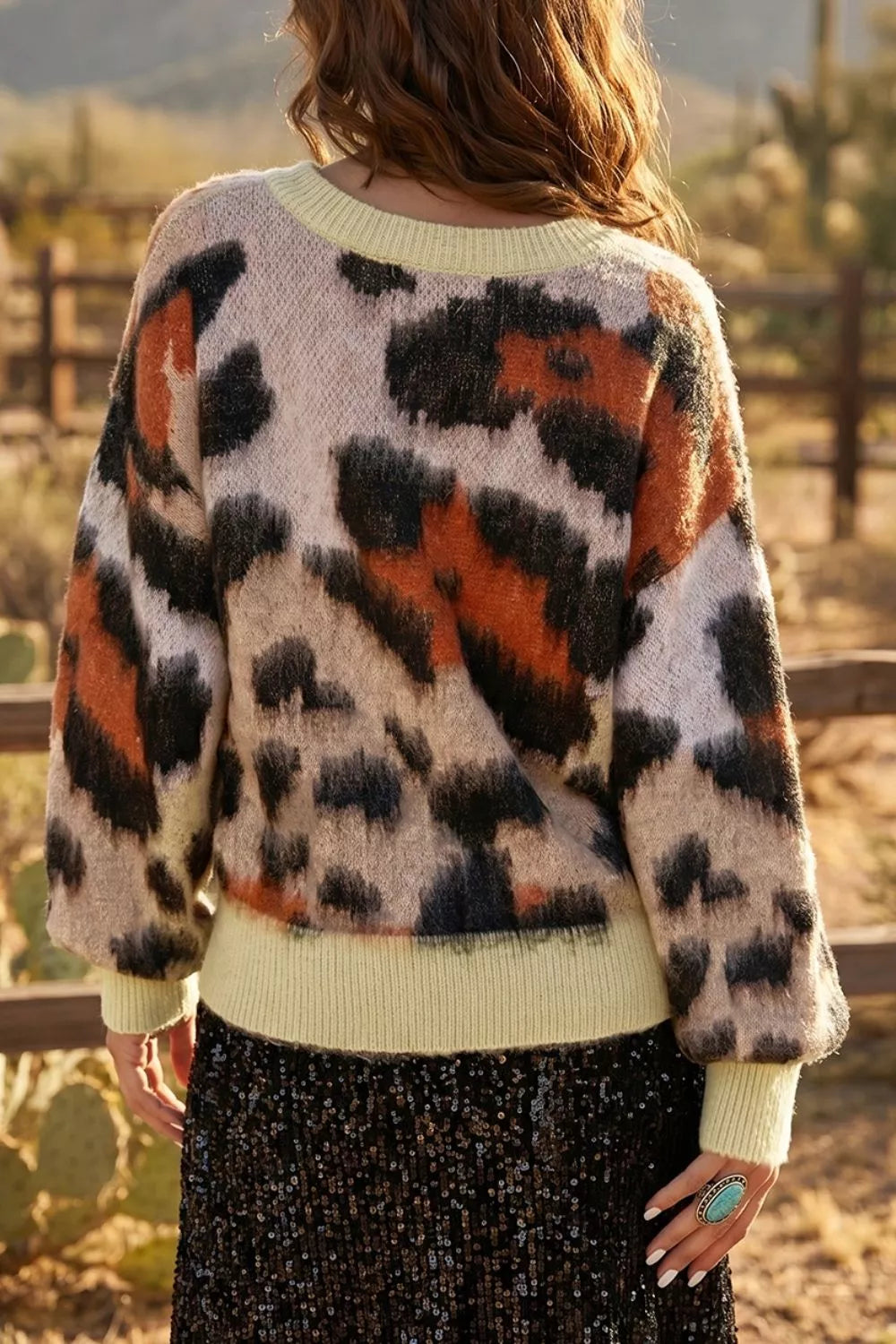Leopard Print Drop Shoulder Long Sleeve Round Neck Sweater