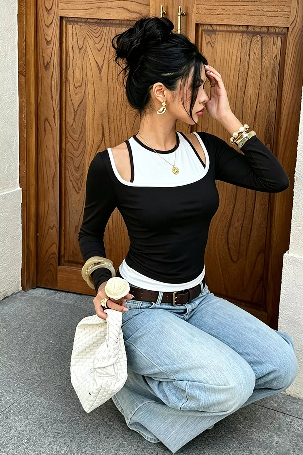 Color-Block Cutout Long Sleeve Slim Fit Top - Lilixa.store