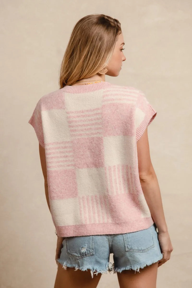 BiBi Checker With Stripes Pattern Sleeveless Sweater in Blush/Ivory, view 5