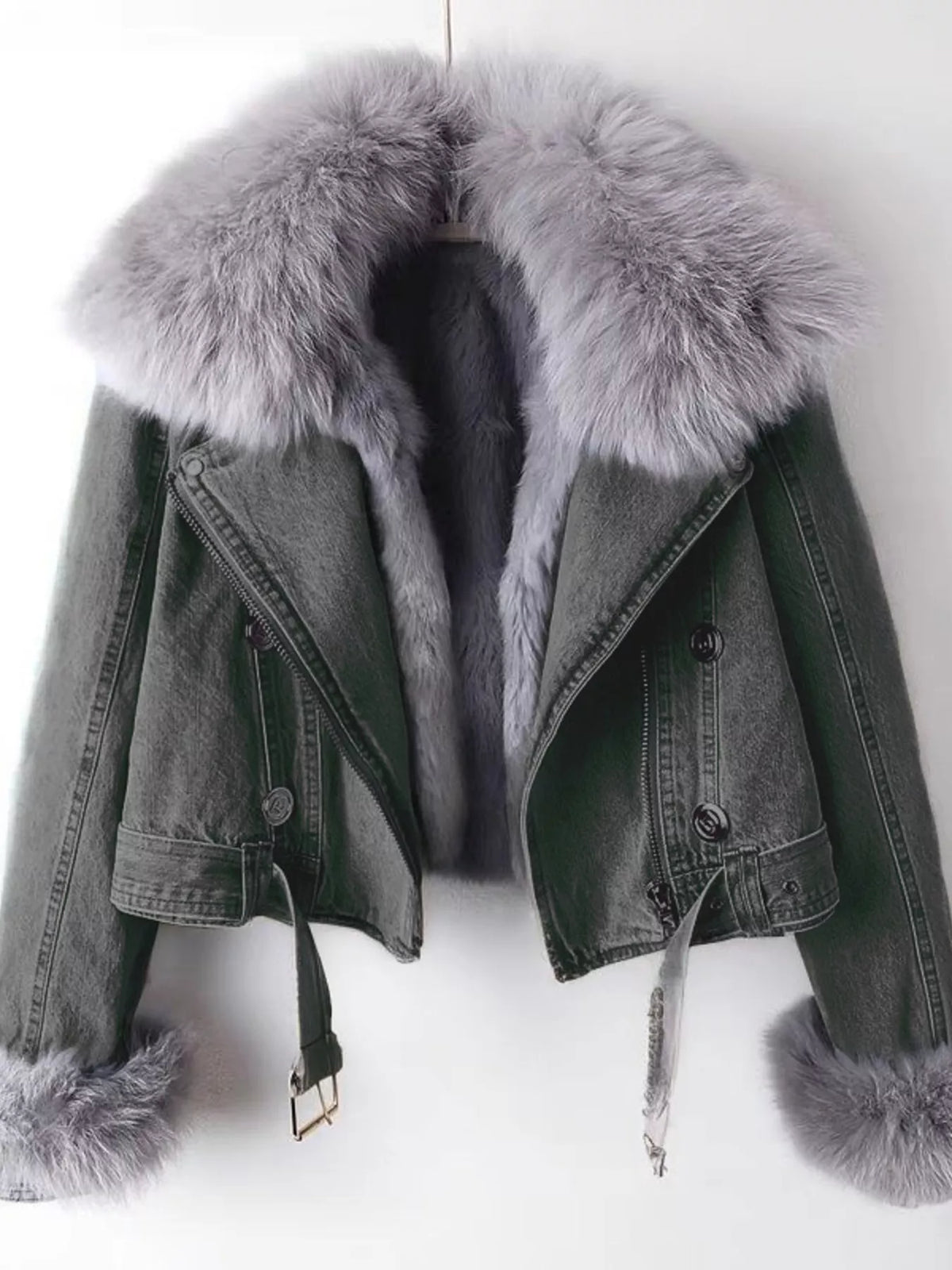 Full Size Faux Fur Collar Denim Jacket Plus Size in Dark Gray