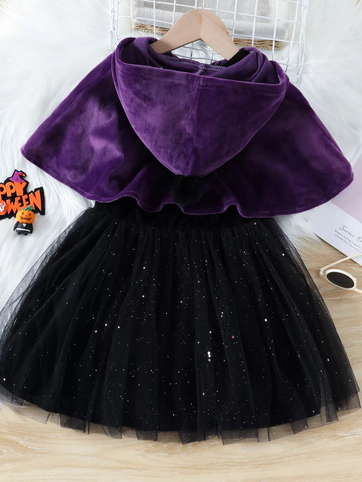 Children's Velvet Hooded Cape and Tulle Dress Halloween Witch Costume Set - Lilixa.store