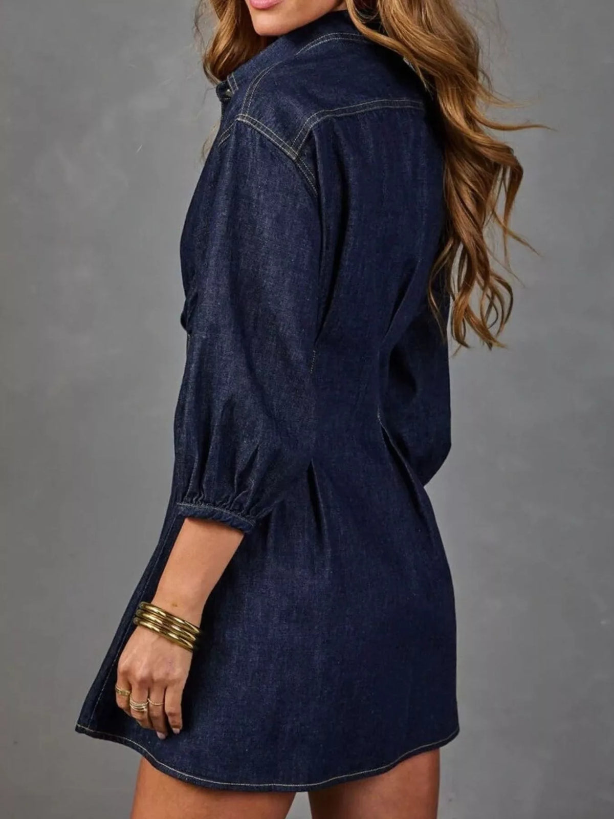 Button Down 3/4 Sleeve Denim Dress - Lilixa.store