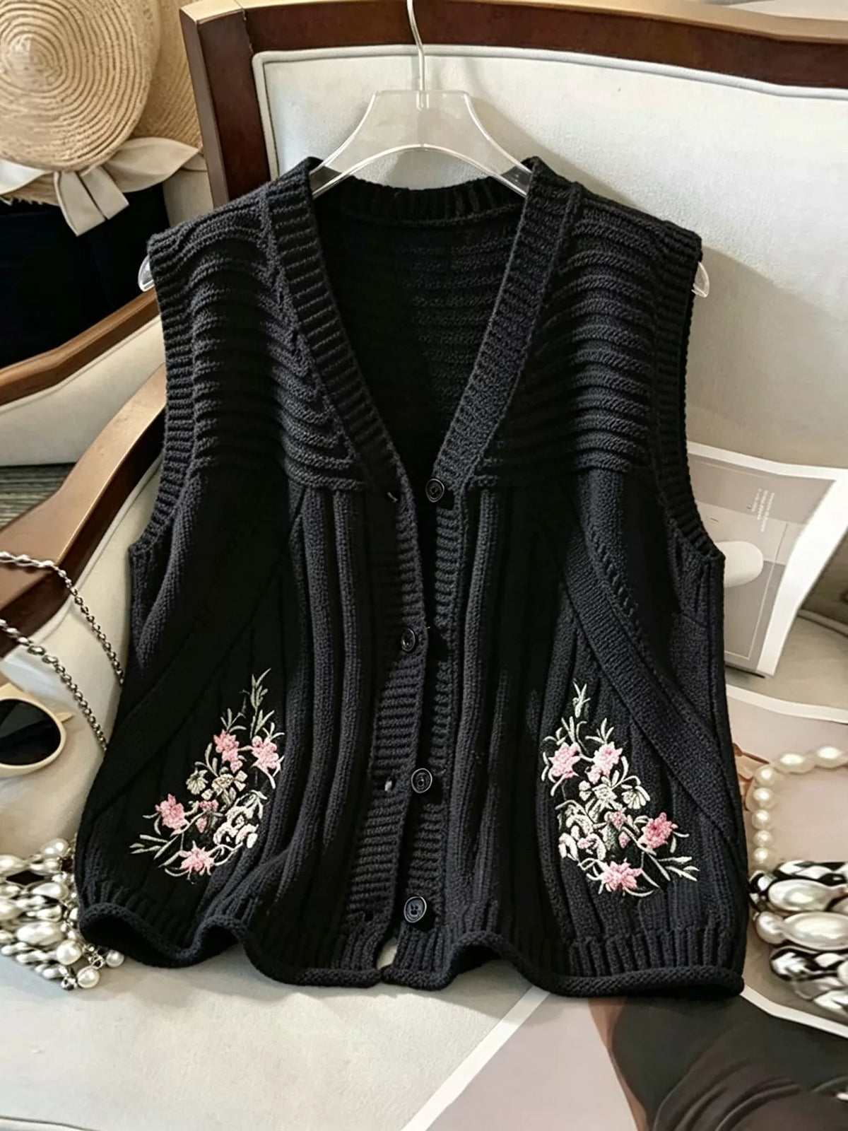 Floral Embroidered V-Neck Button-Down Sweater Vest - Lilixa.store