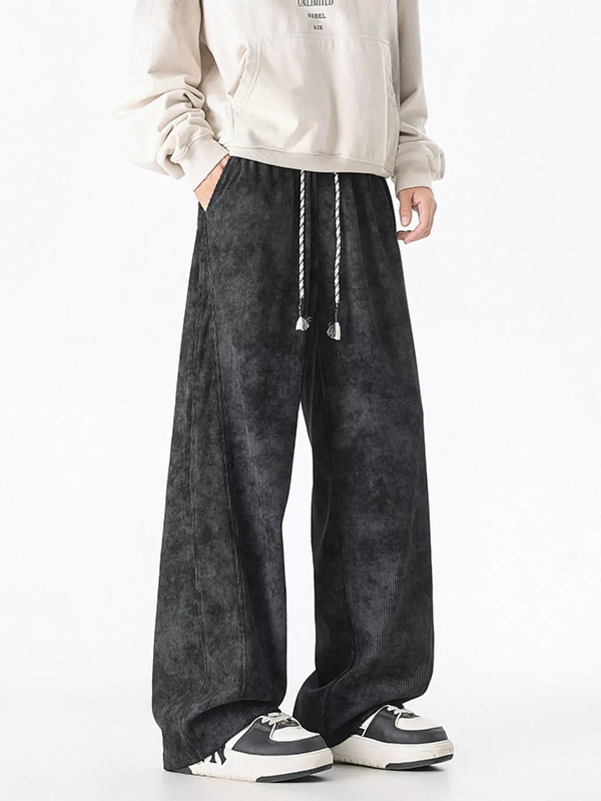 Men's Plus Size Vintage Wash Wide Leg Pants in Black