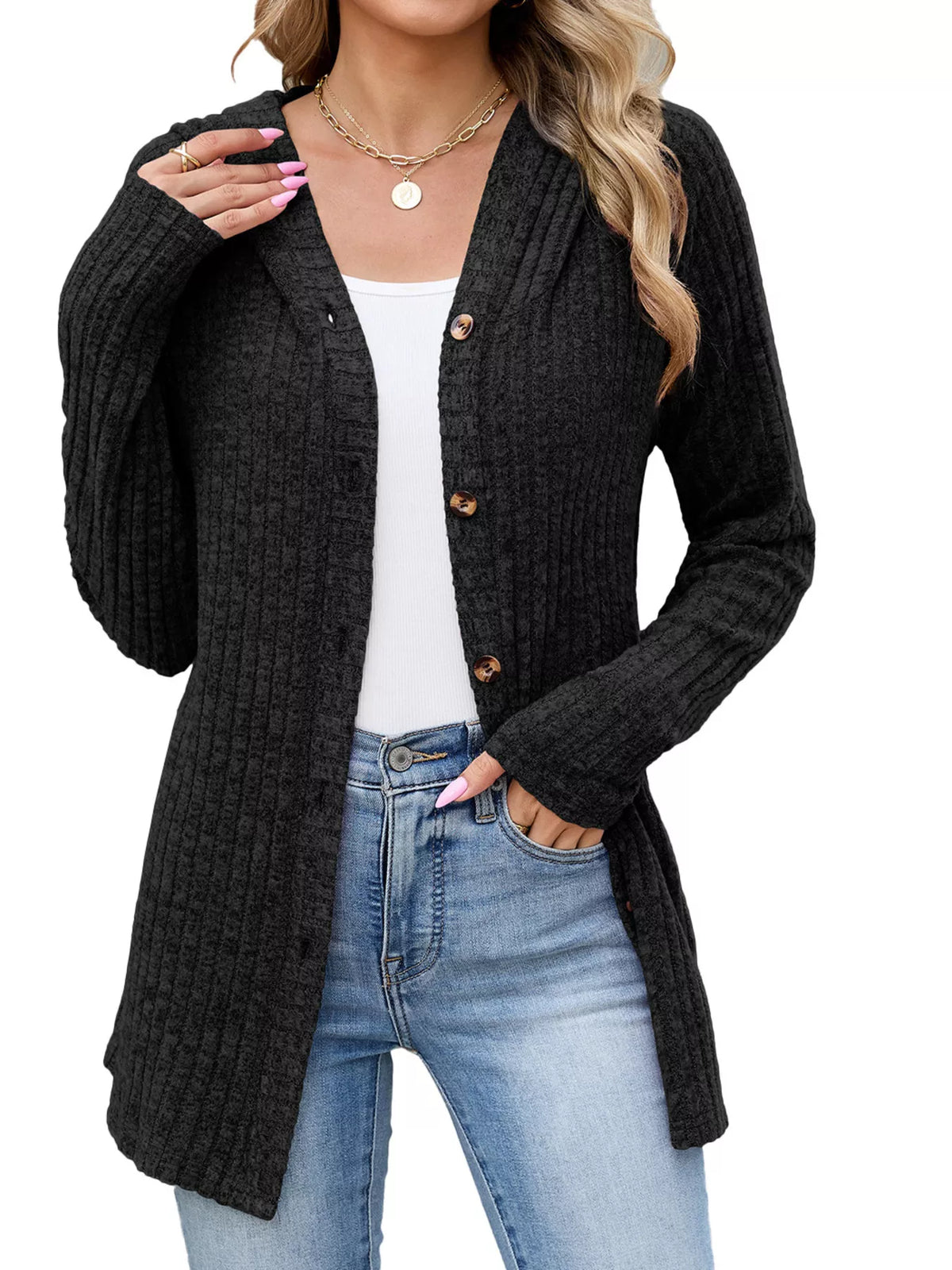 Ribbed Knit Hooded Button-Down Cardigan - Lilixa.store