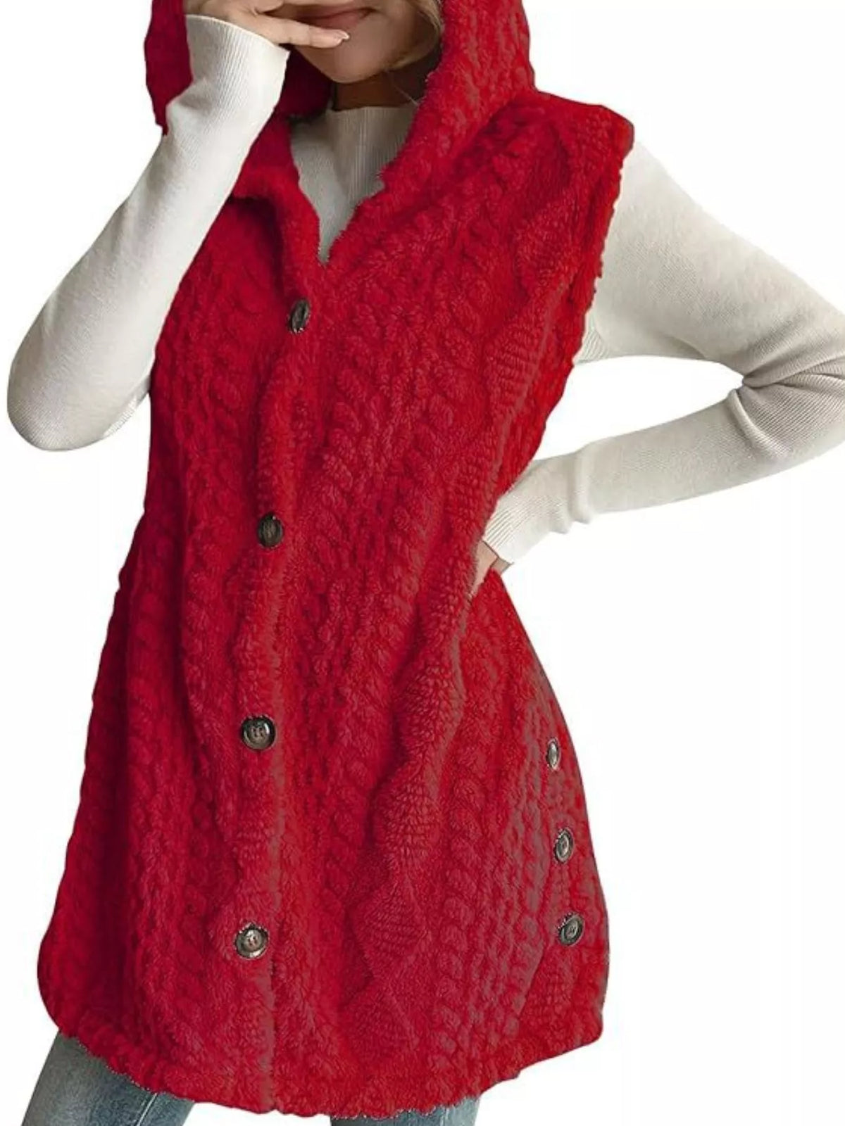 Hooded Button-Up Sherpa Vest Coat - Lilixa.store