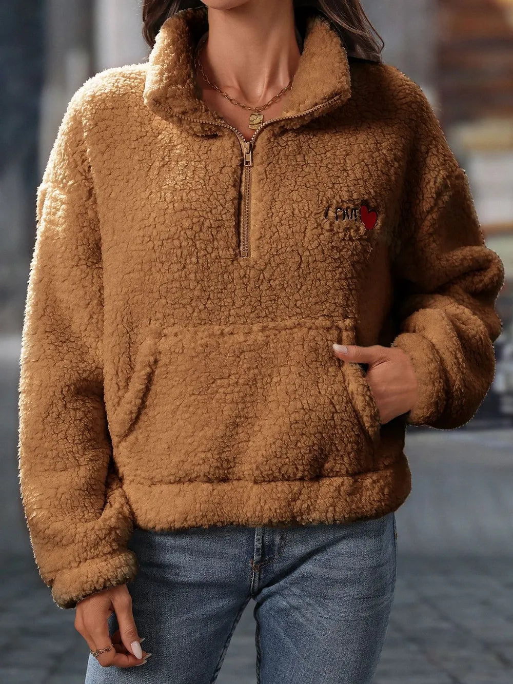 Heart Half Zip Long Sleeve Teddy Sweatshirt - Lilixa.store