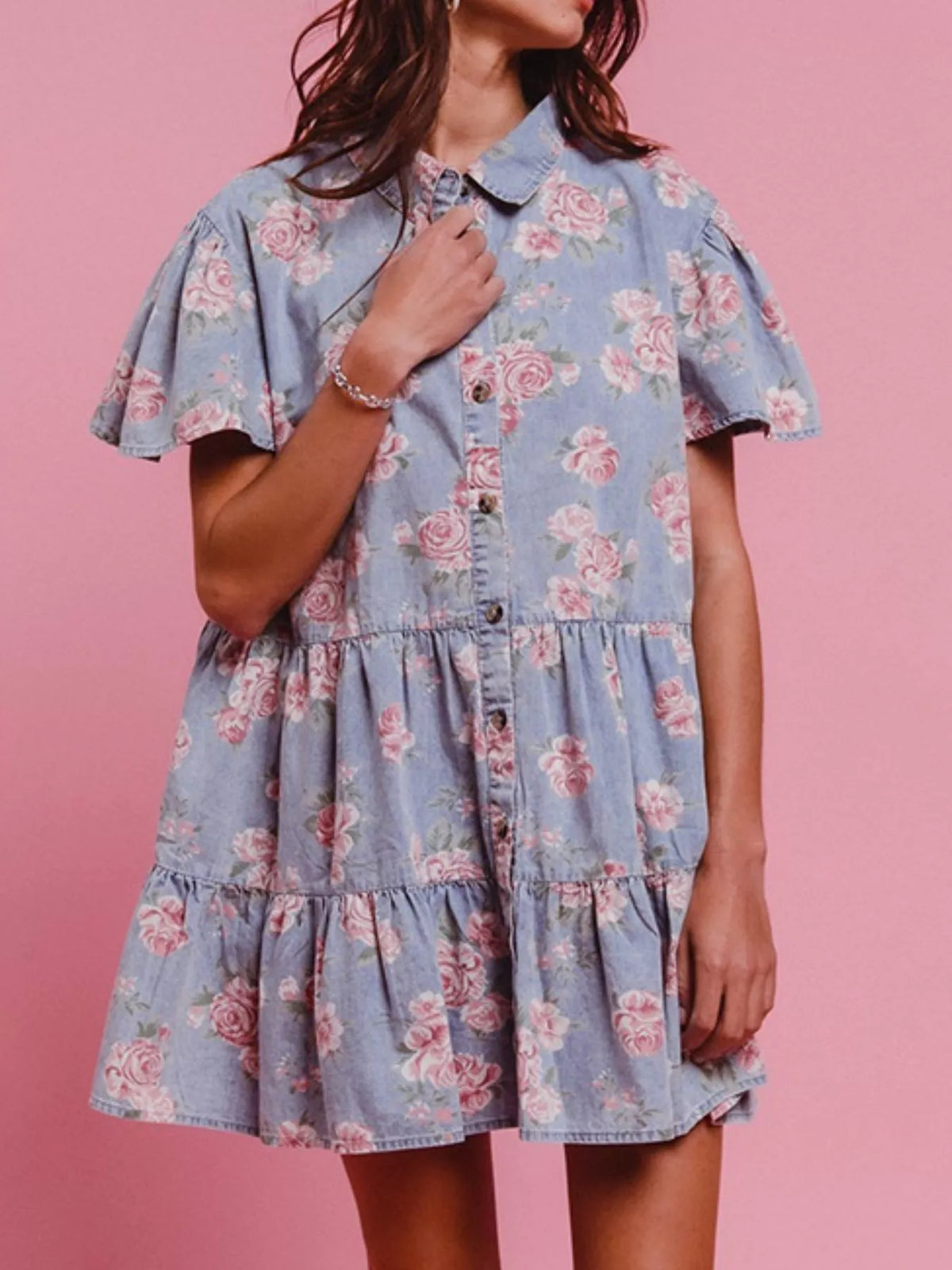 Floral Print Denim Button-Down Tiered Mini Dress in Light Blue, view 7