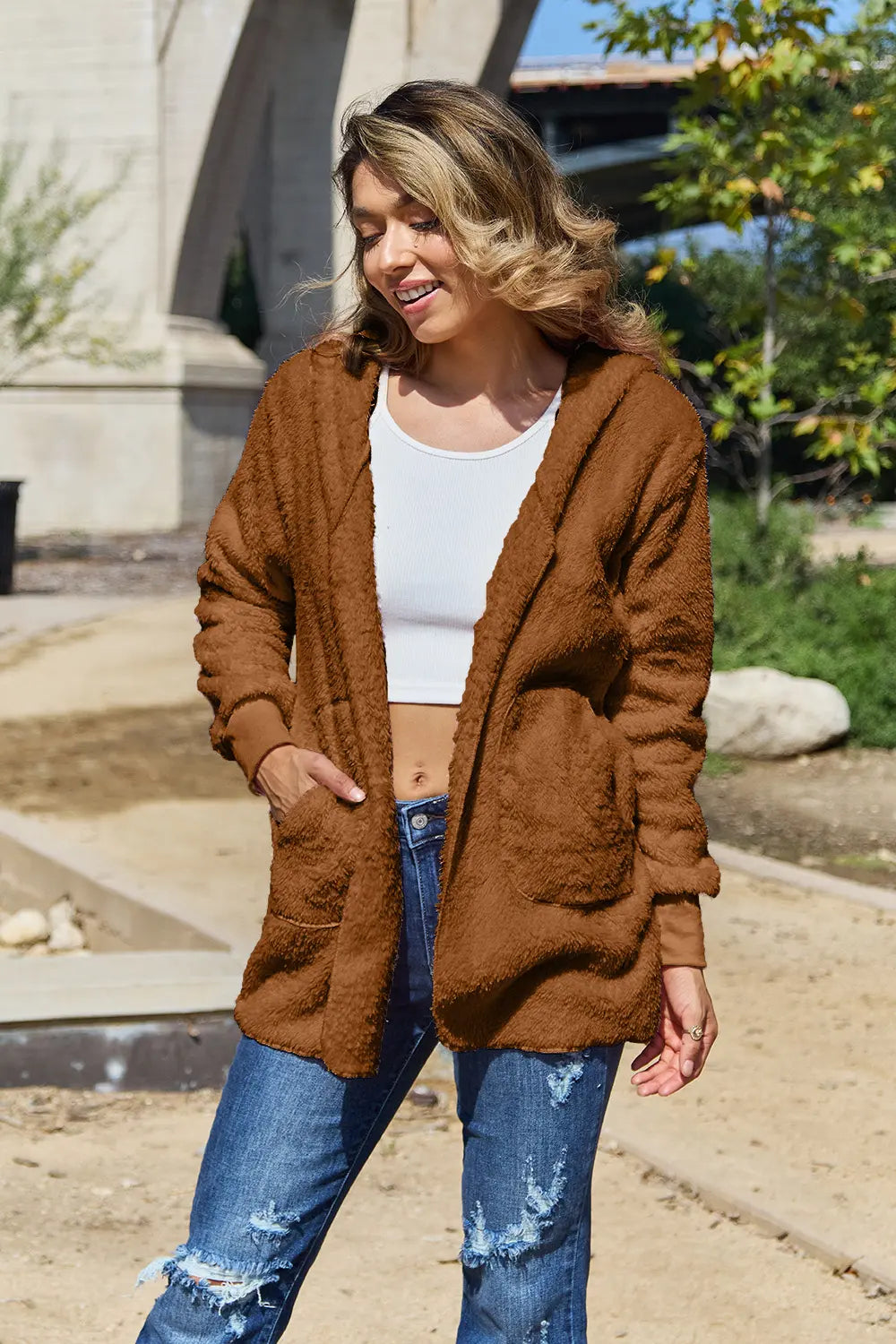 Full Size Teddy Hooded Jacket with Pockets in Caramel