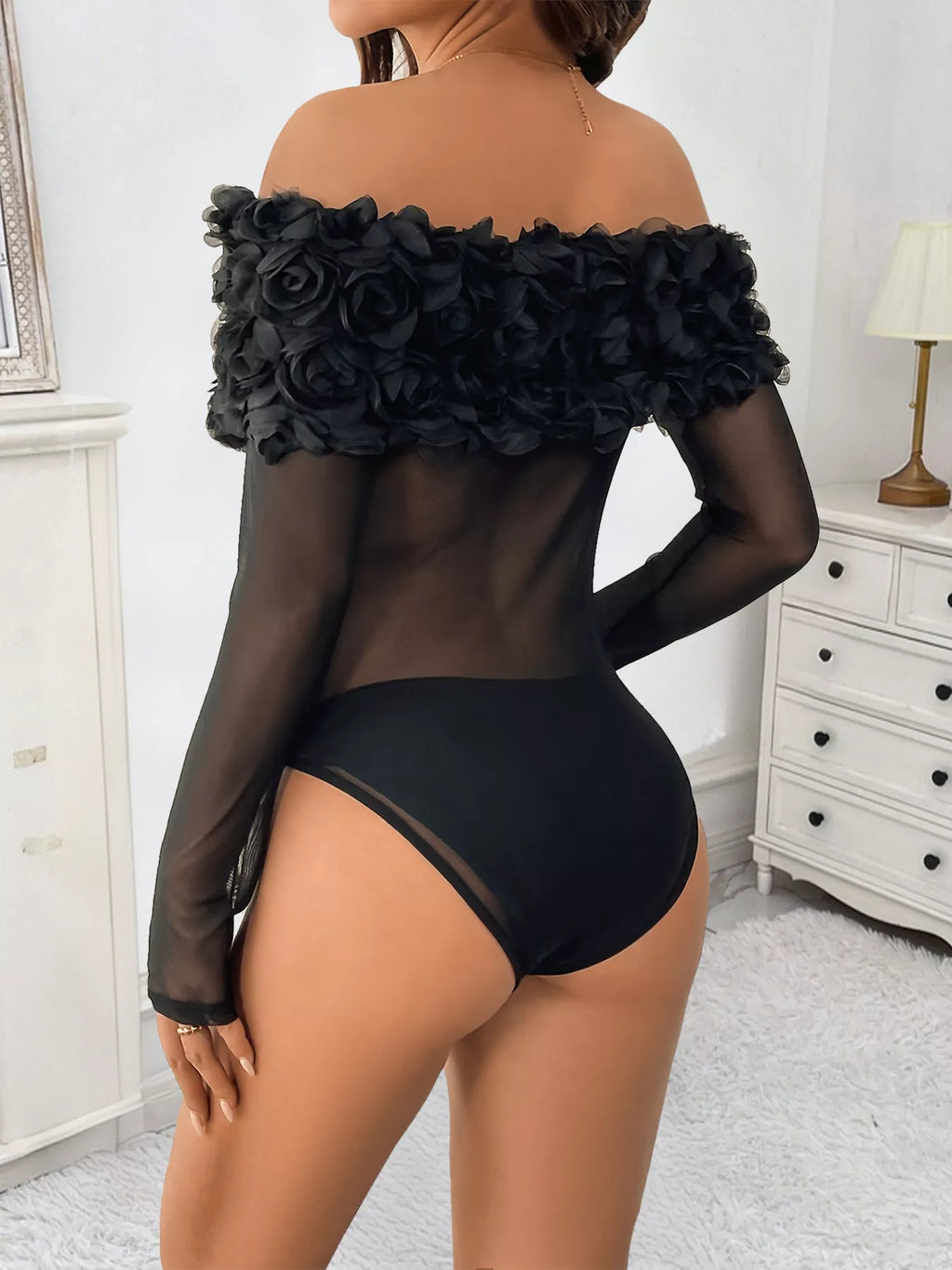 Flower Off-Shoulder Mesh Bodysuit - Lilixa.store