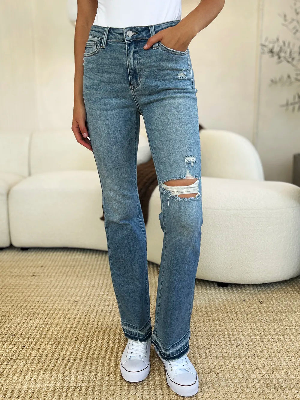 Judy Blue Full Size Mid Rise Destroyed Hem Distressed Jeans - Lilixa.store