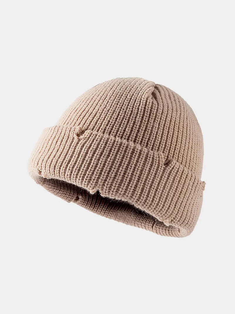 Distressed Cuffed Knit Hat in Khaki