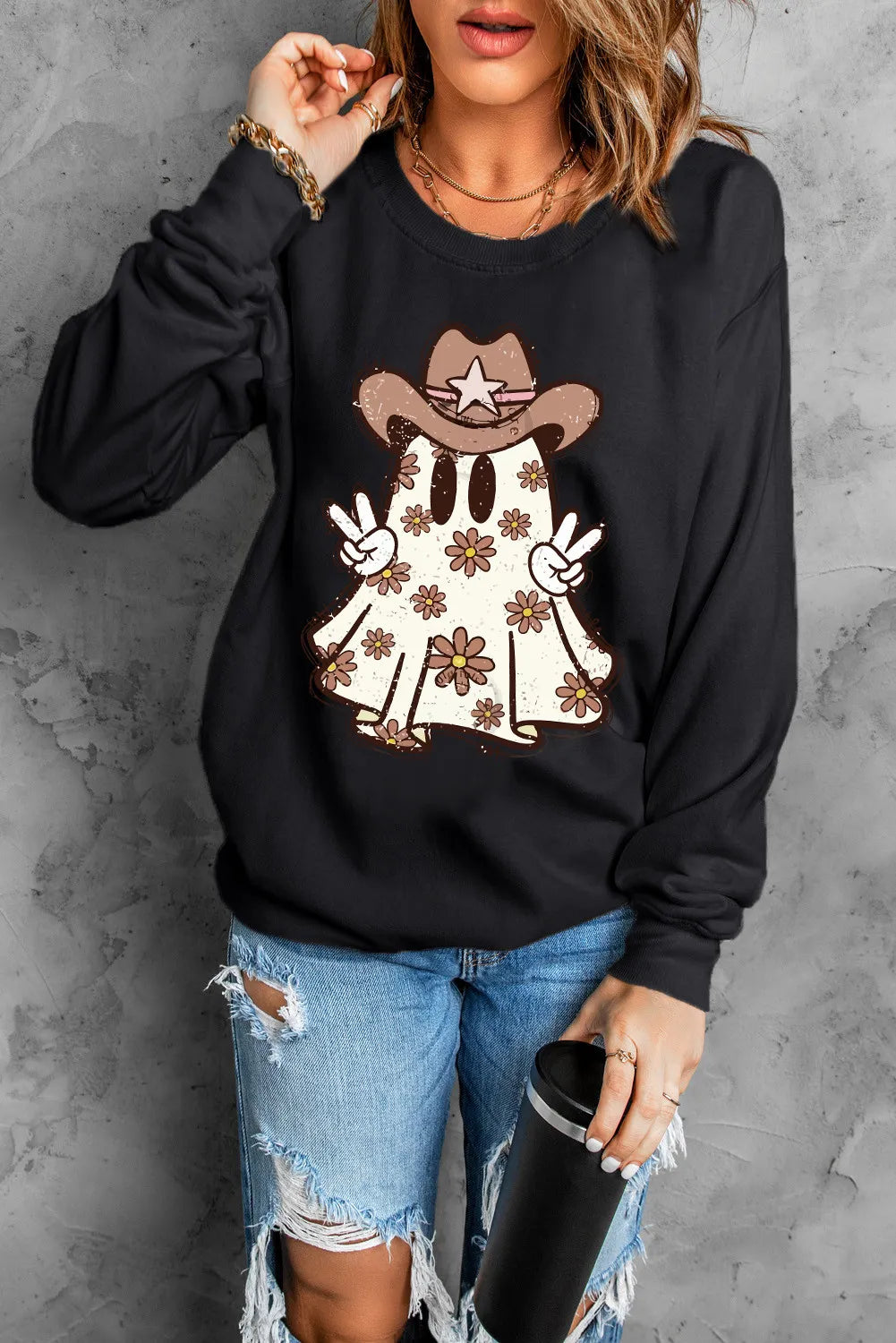 Ghost Round Neck Long Sleeve Sweatshirt - Lilixa.store
