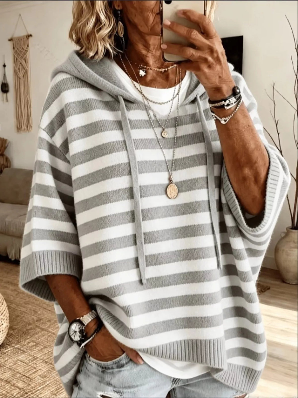 Casual Striped Hooded Knit Sweater in Gray