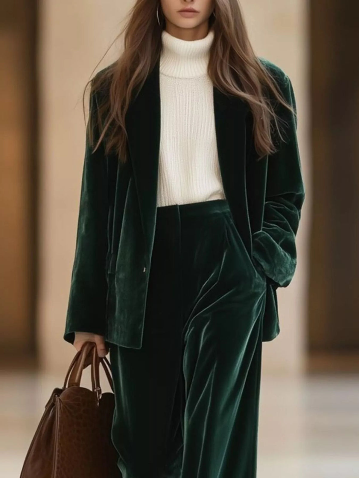 Velvet Blazer and Wide-Leg Pants Two-Piece Set - Lilixa.store