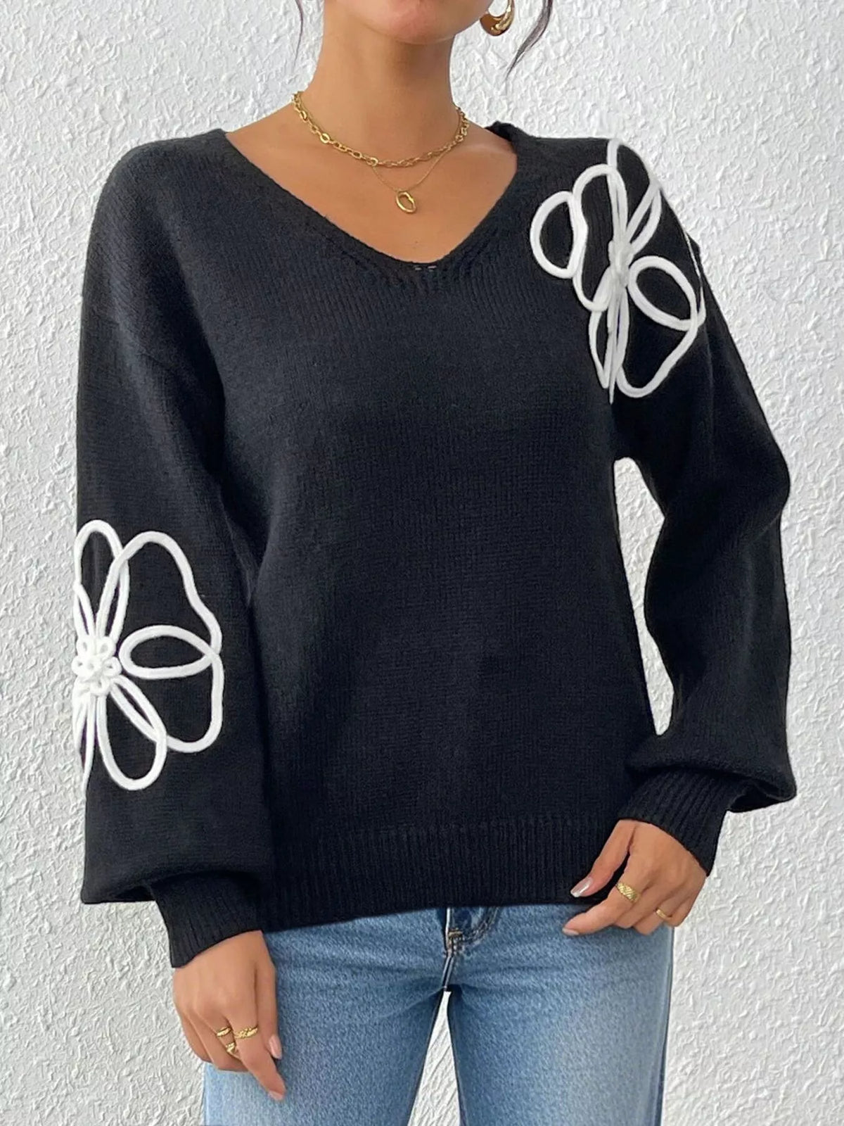 Flower V-Neck Dropped Shoulder Sweater