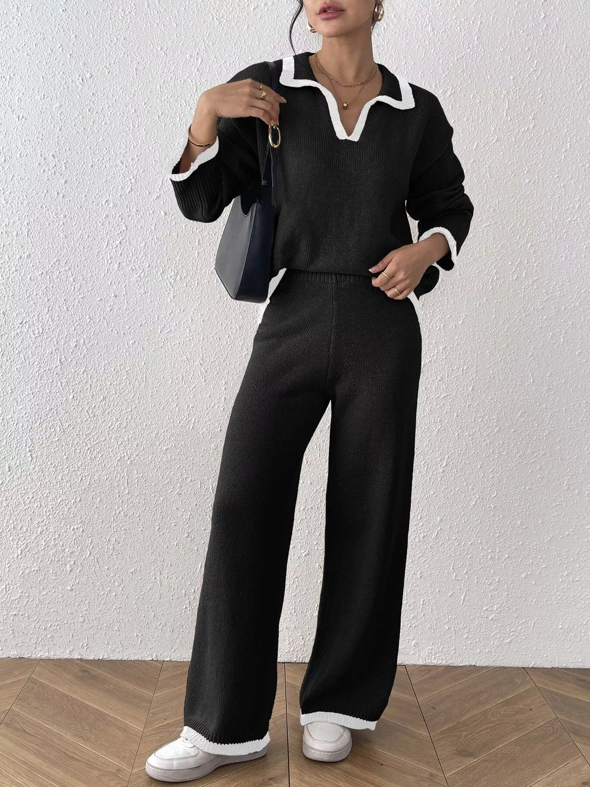 Contrast Trim Polo Collar Top and Pants Sweater Set - Lilixa.store