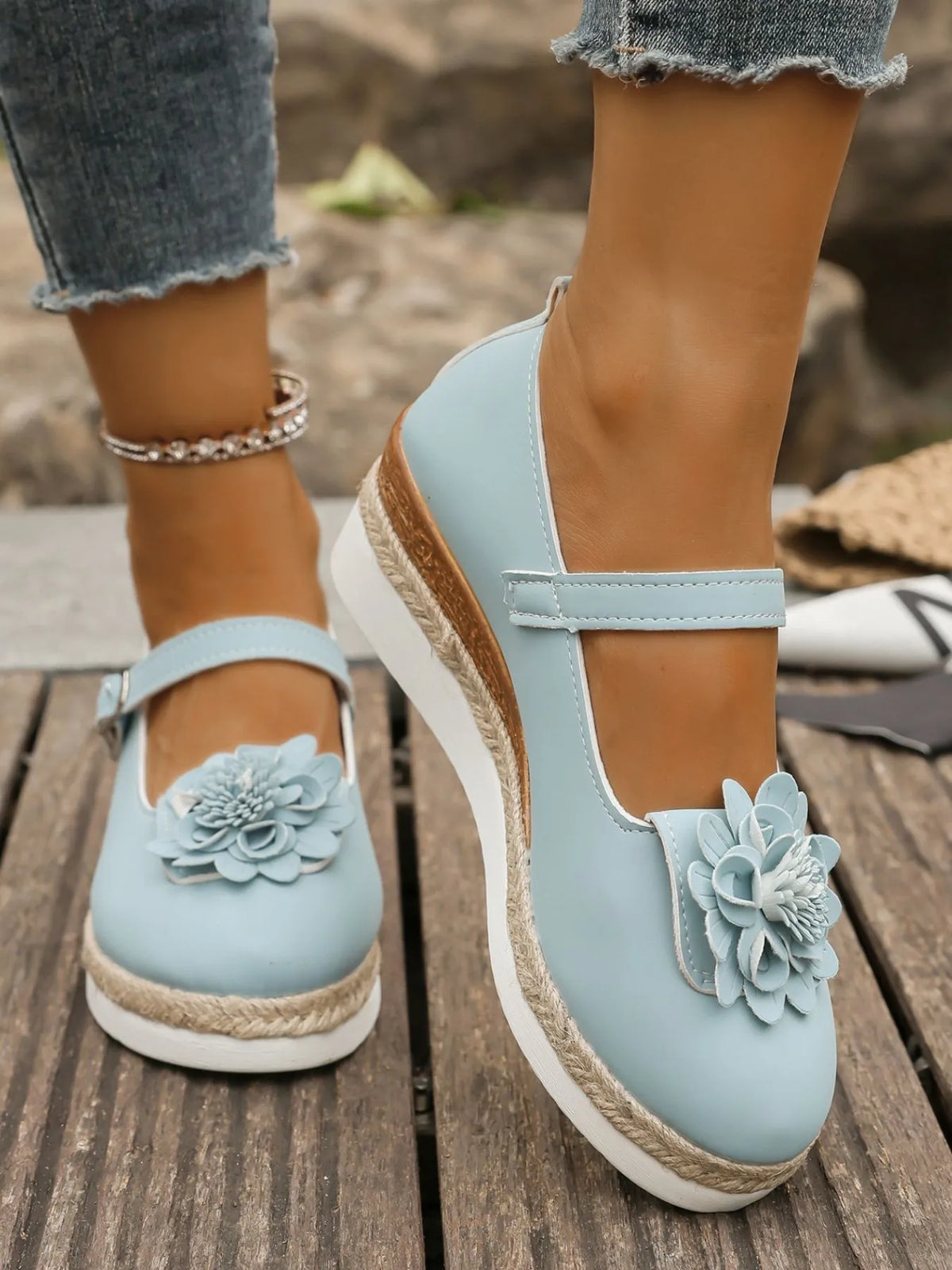 Flower Embellished Mary Jane Loafers in Pastel Blue
