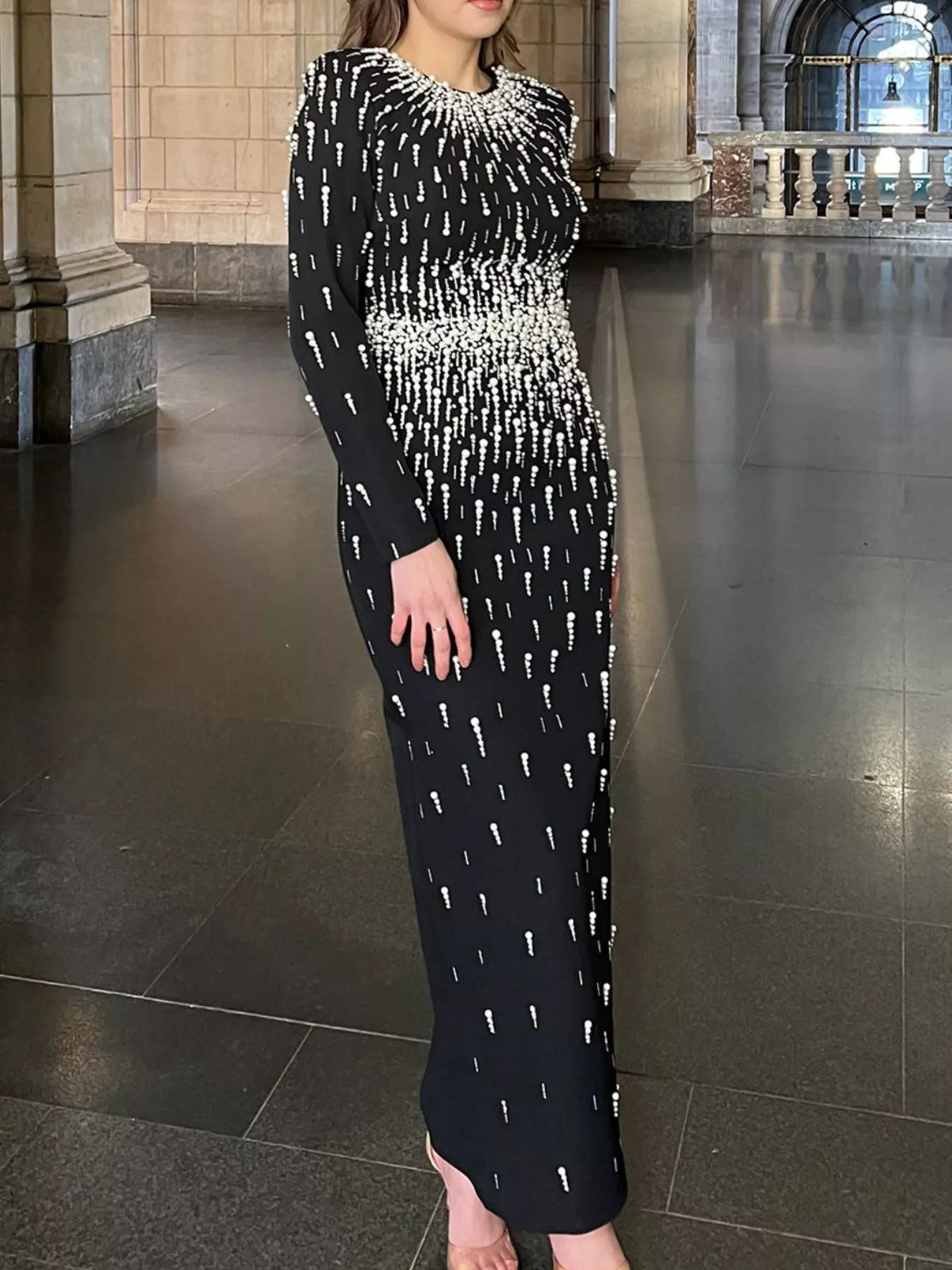 Pearl Detail Long Sleeve Maxi Dress