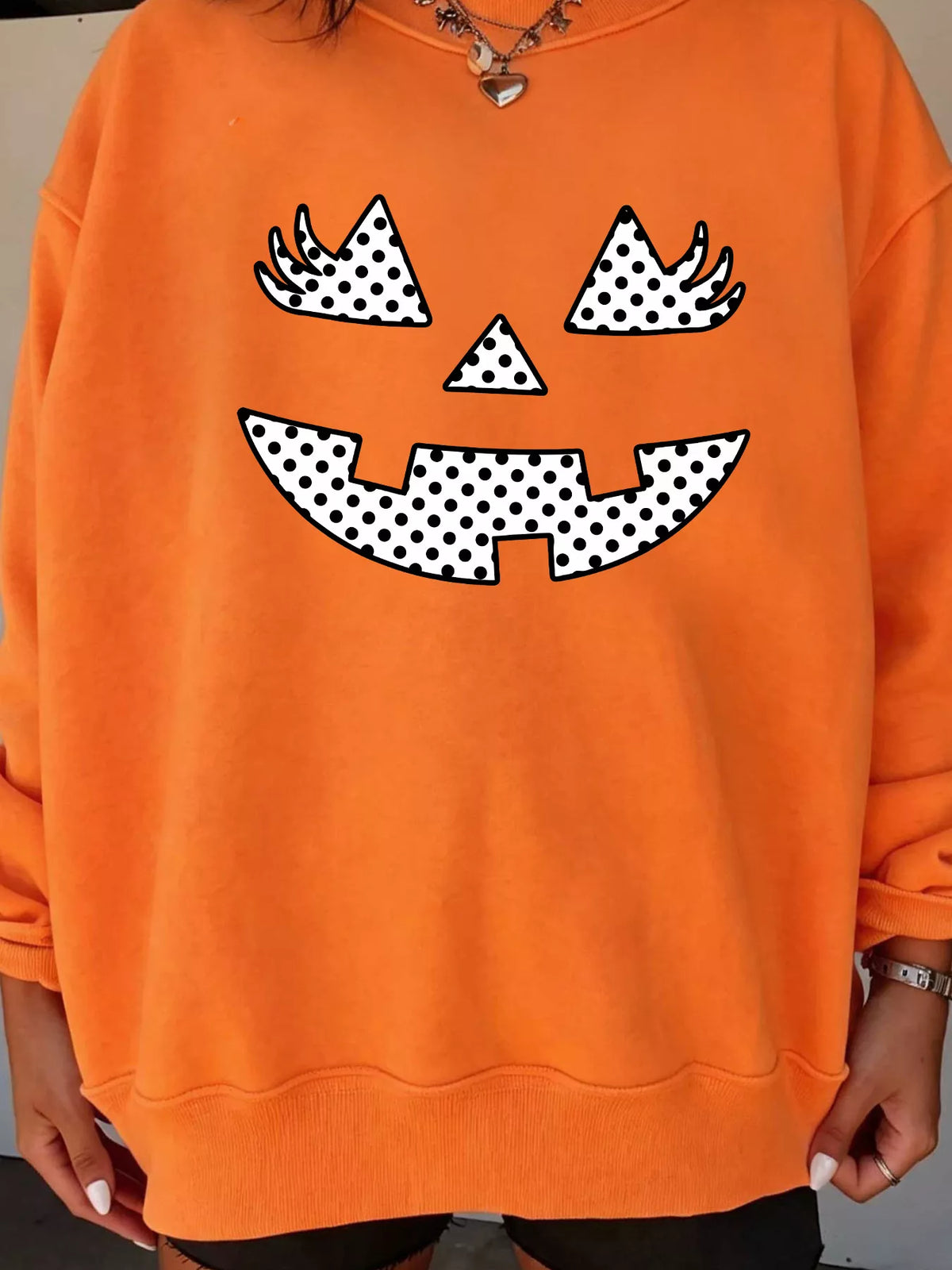 Polka Dot Pumpkin Face Halloween Graphic Pullover Sweatshirt