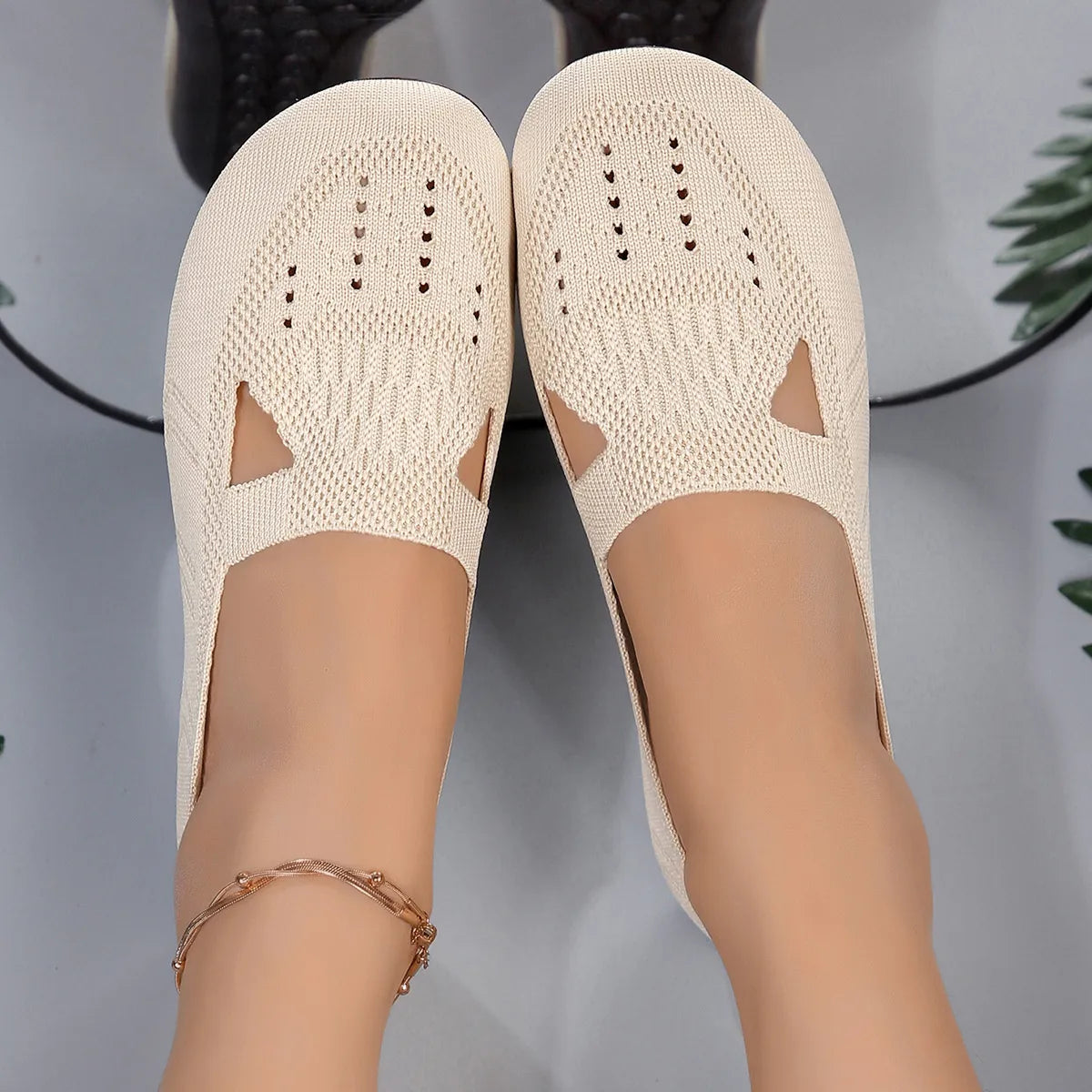 Cutout Mesh Slip Ons in Beige