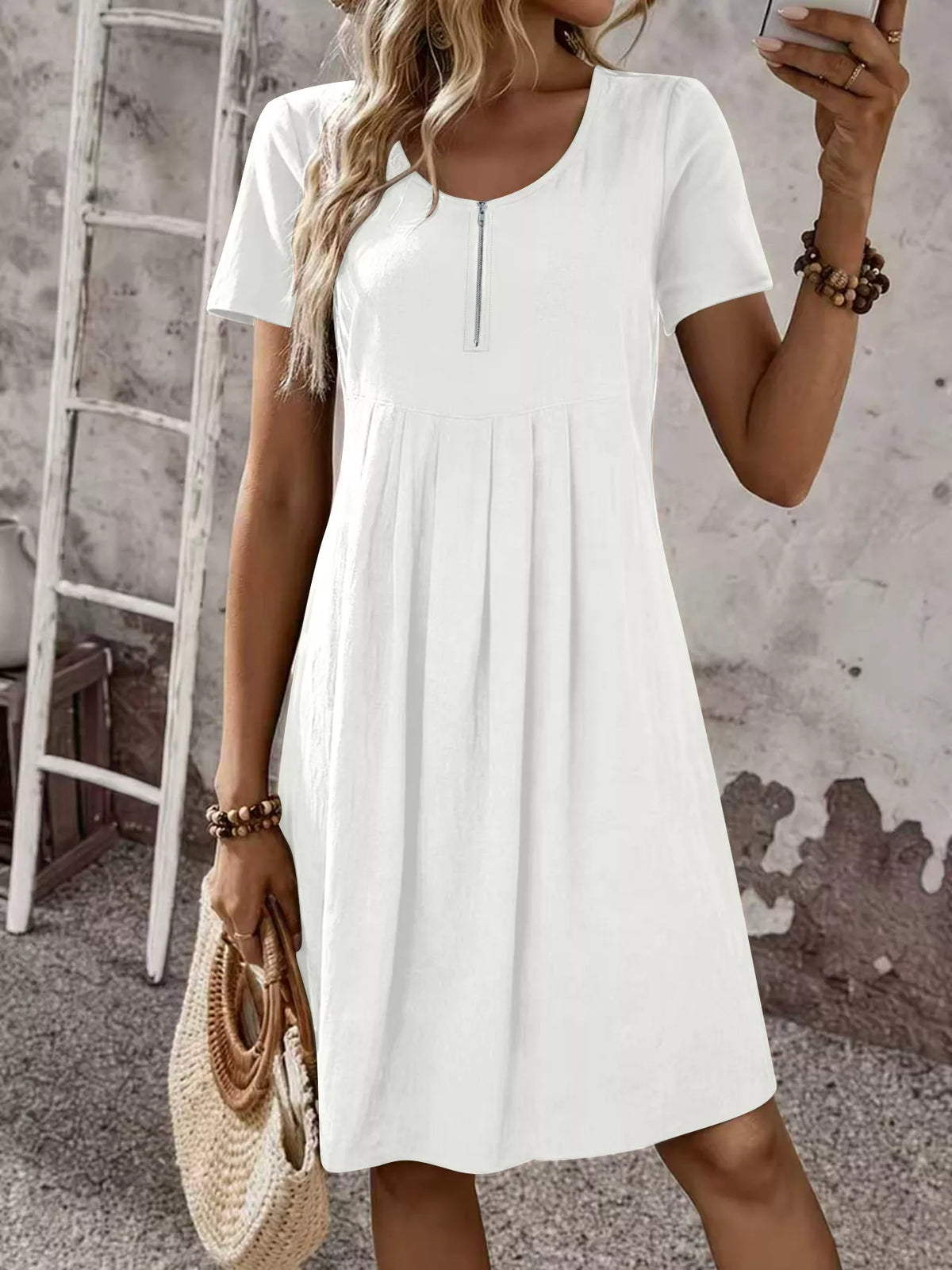 Zipper-Front Short Sleeve A-Line Dress - Lilixa.store