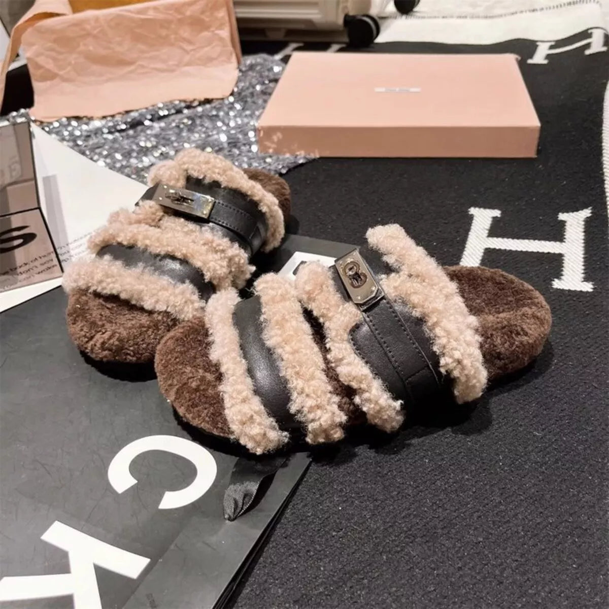 Fuzzy Buckle Accent Plush Slippers - Lilixa.store