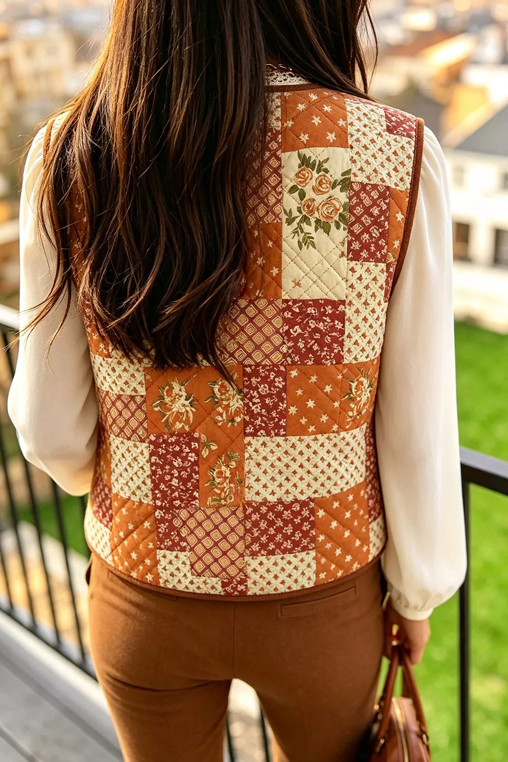 Fleece Quilted Floral Patchwork Contrast Trim V Neck Button Vest - Lilixa.store