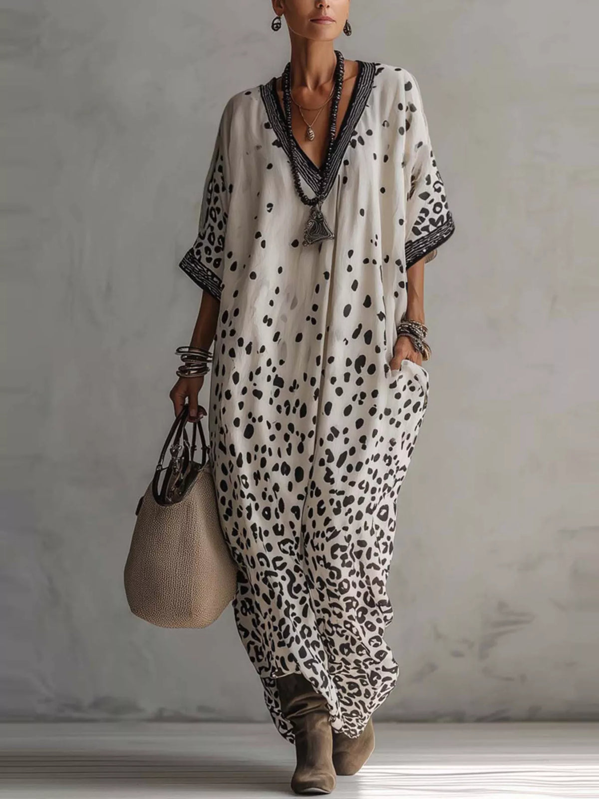 V-Neck Leopard Print Loose Maxi Dress