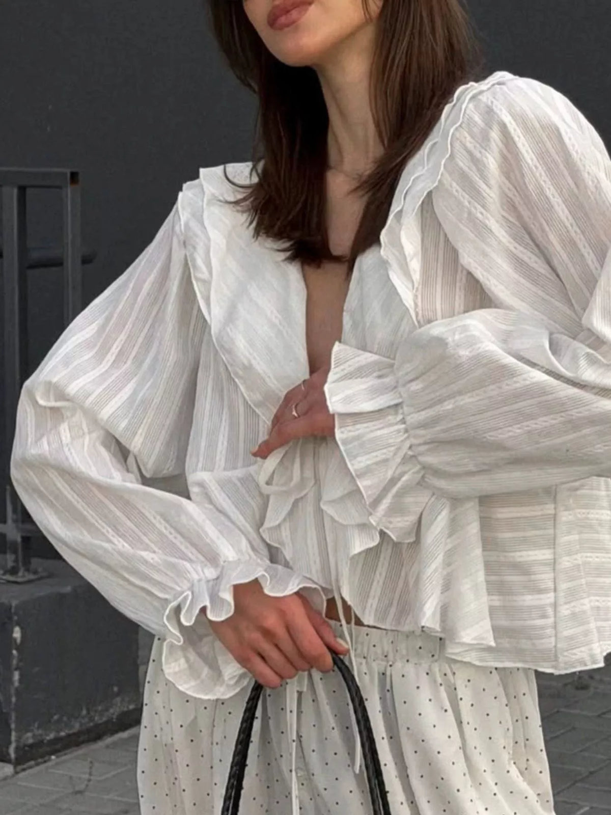 Ruffled Striped Flounce Sleeve Blouse in White, view 7