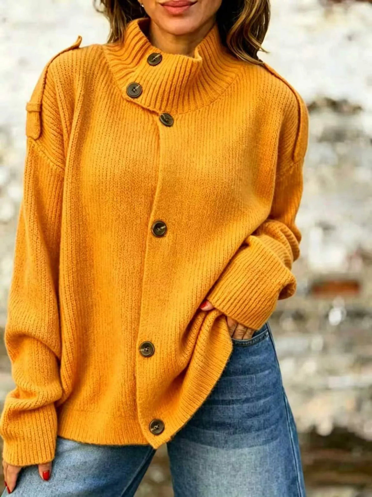 Full Size Button-Up Mock Neck Cardigan Plus Size - Lilixa.store