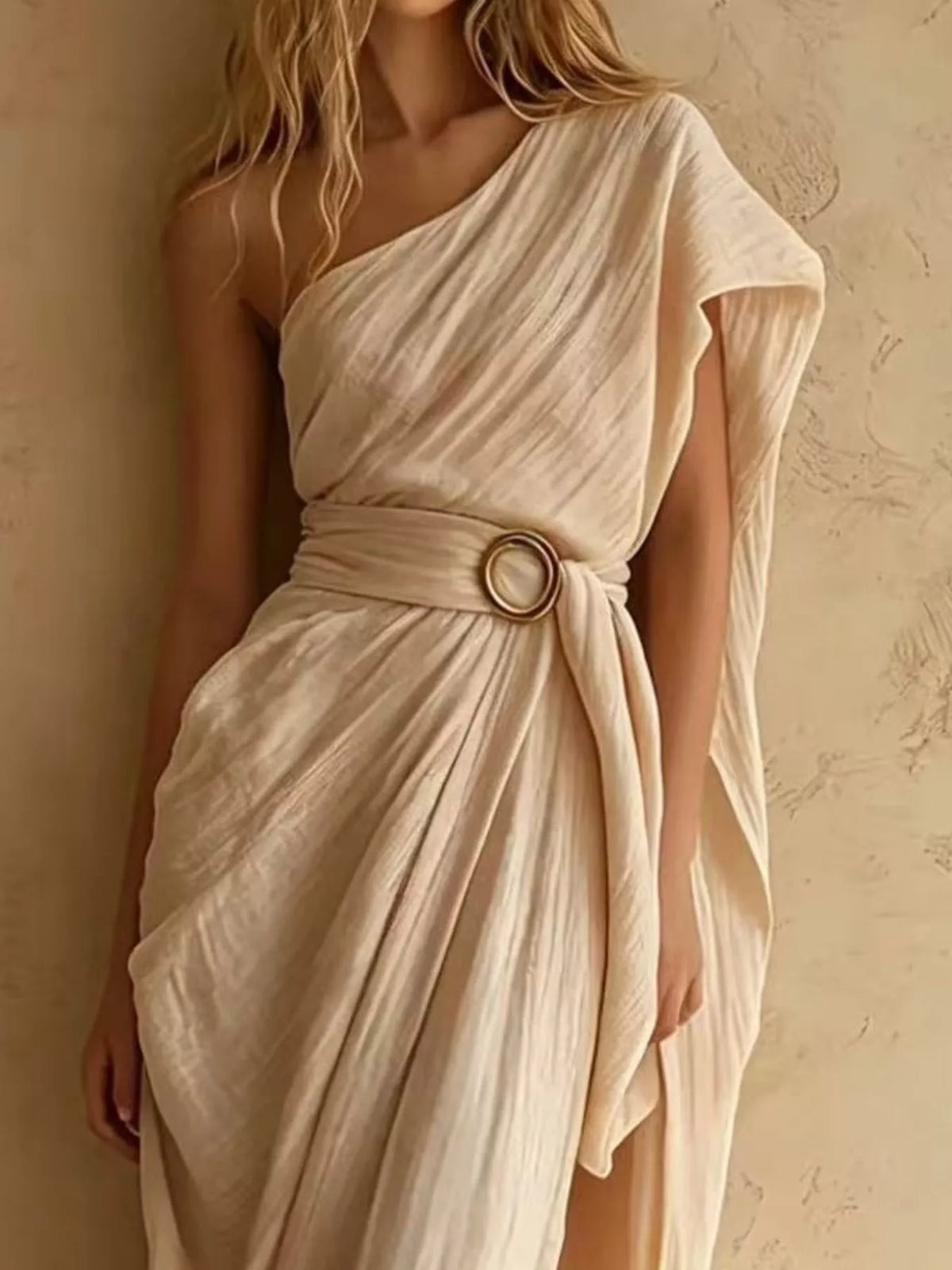 One-Shoulder Draped Maxi Dress with Waist Buckle - Lilixa.store