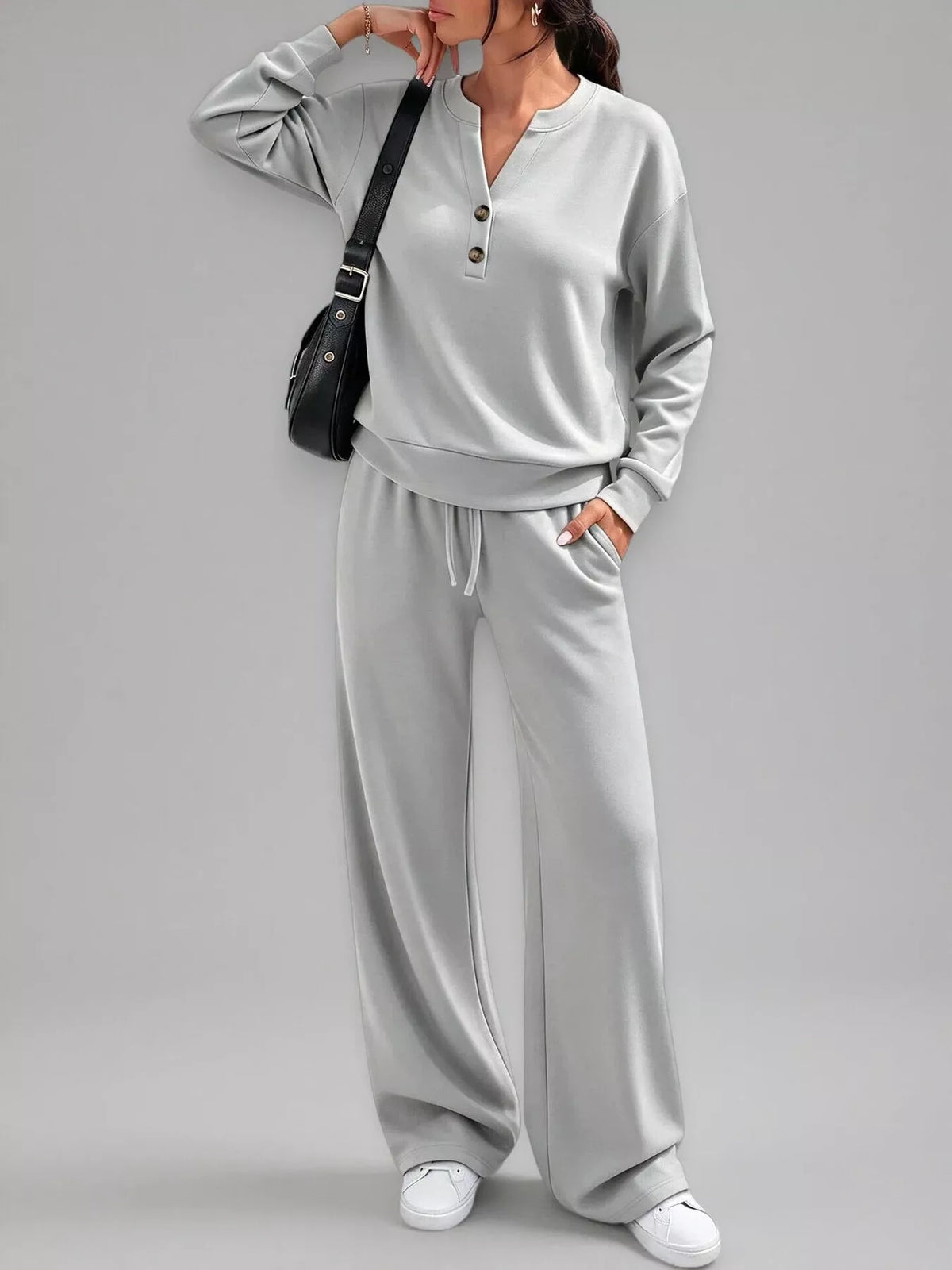 Button Detail Dropped Shoulder Top and Pants Set - Lilixa.store