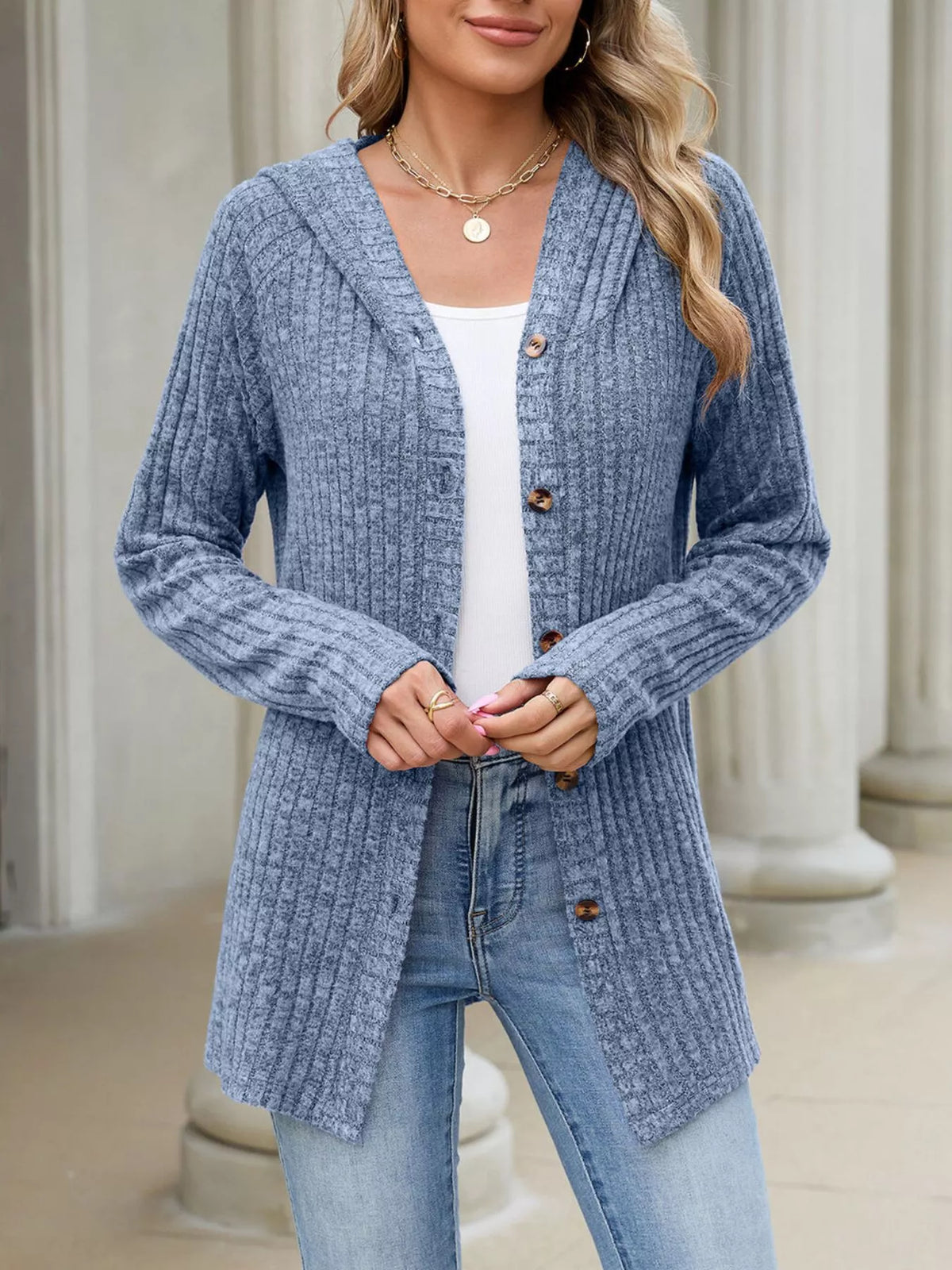 Ribbed Knit Hooded Button-Down Cardigan - Lilixa.store