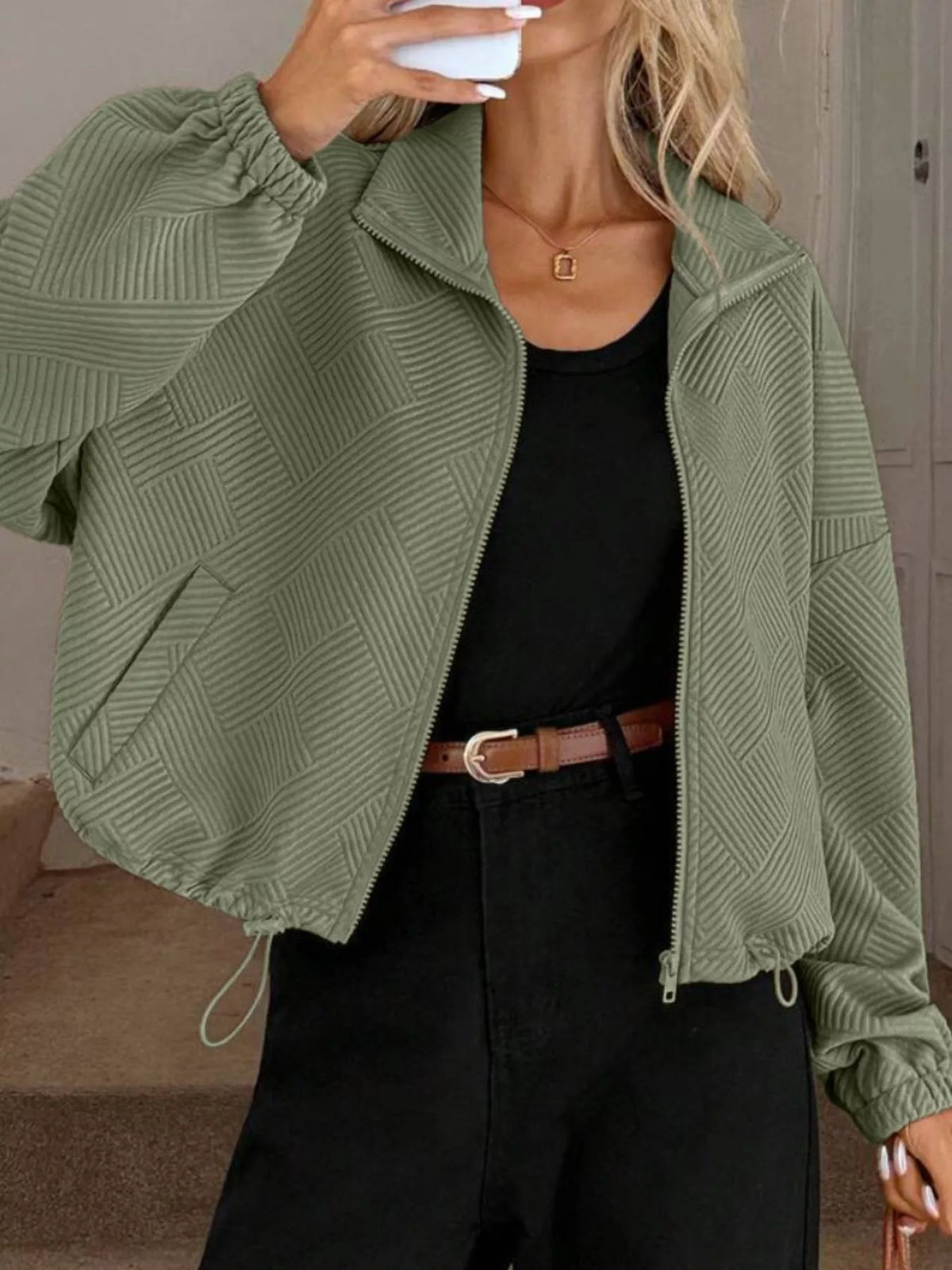 Textured Zip-Up Drawstring Hem Jacket, view 15