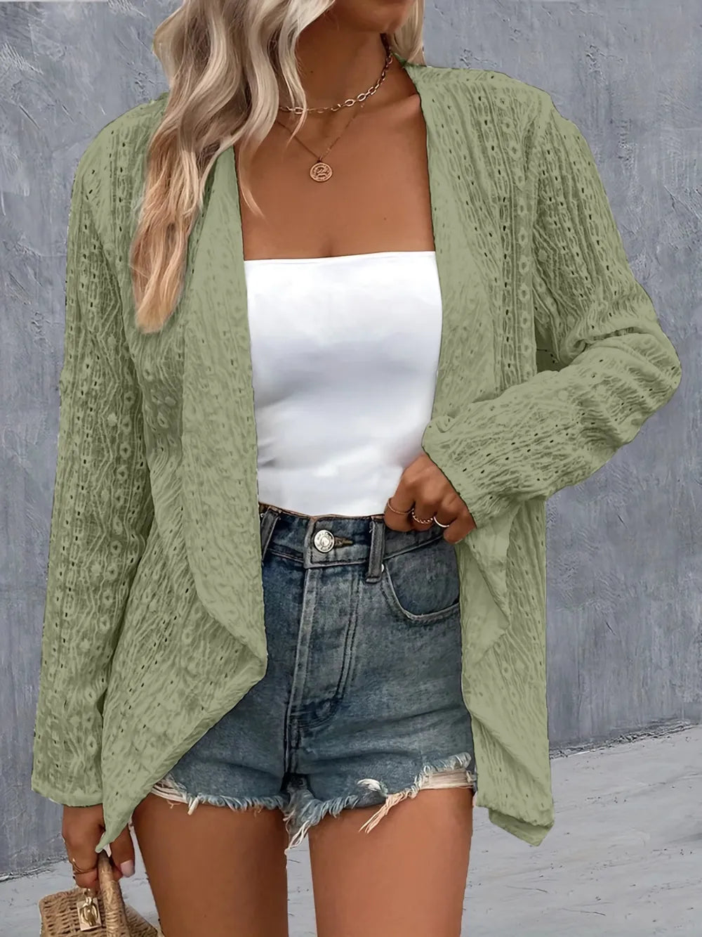 Eyelet Roll-Tab Sleeve Cardigan - Lilixa.store