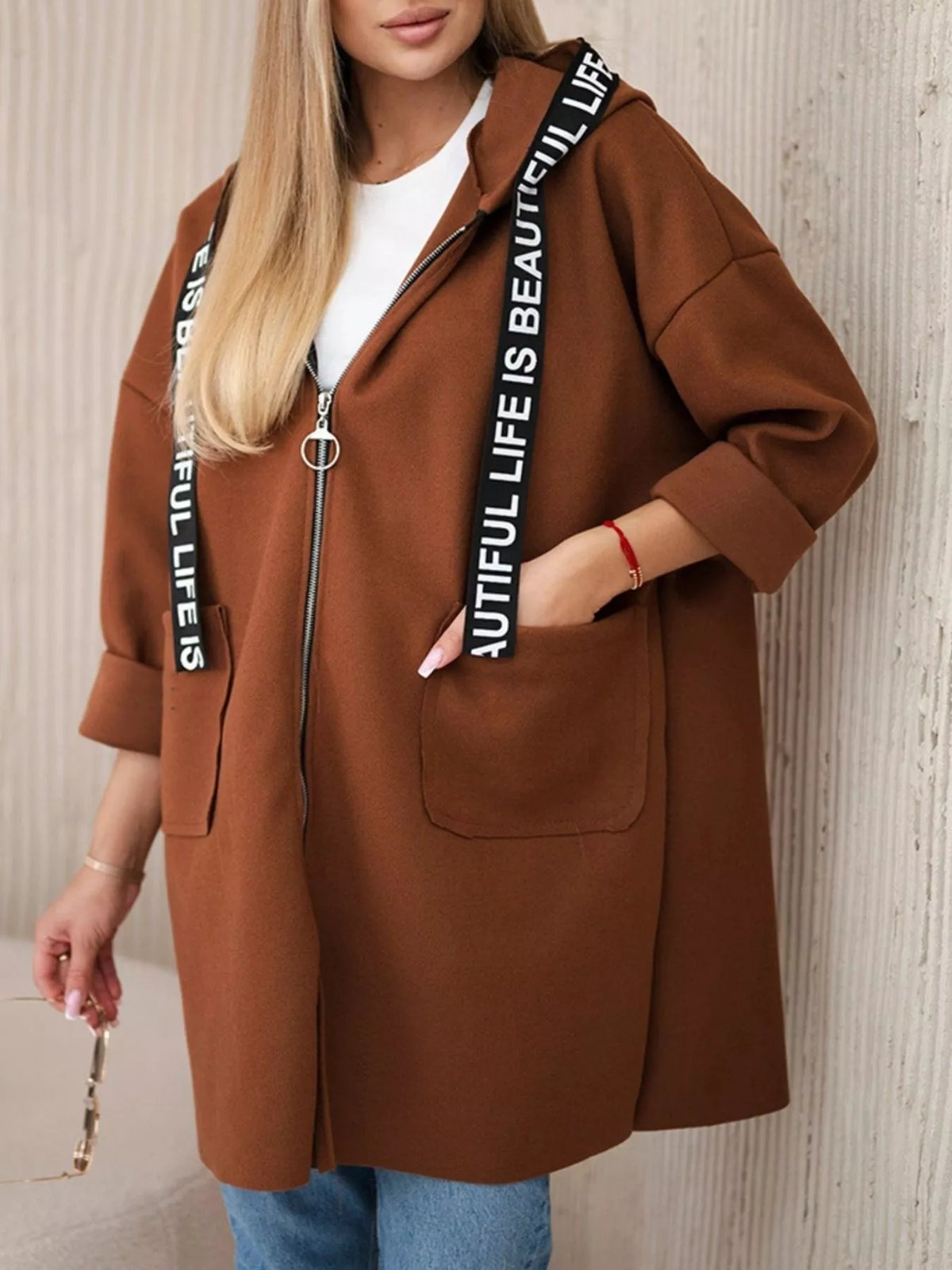 Full Size Hooded Zip-Up Longline Outerwear Plus Size in Caramel