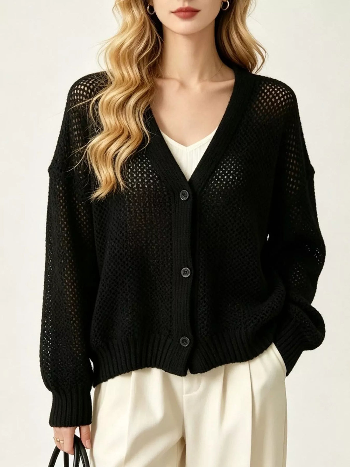 V-Neck Open-Knit Button-Down Cardigan - Lilixa.store