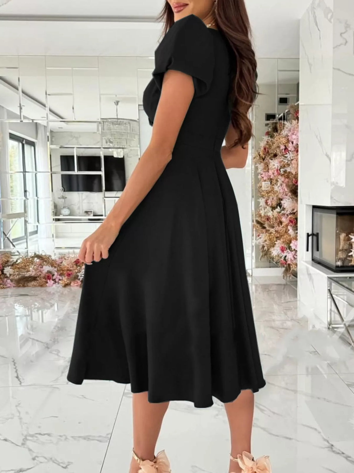Surplice Puff Sleeve Midi Dress, view 3