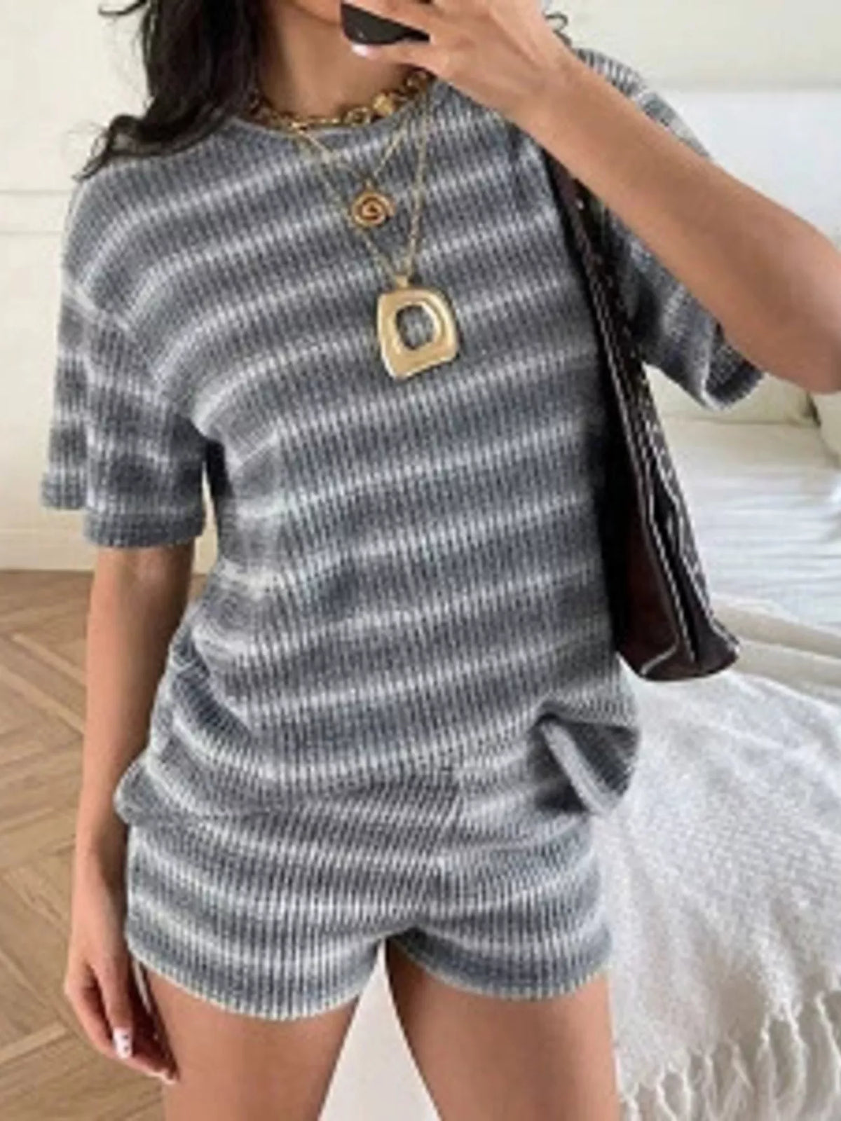 Striped Textured Knit Top and Shorts Set in Gray
