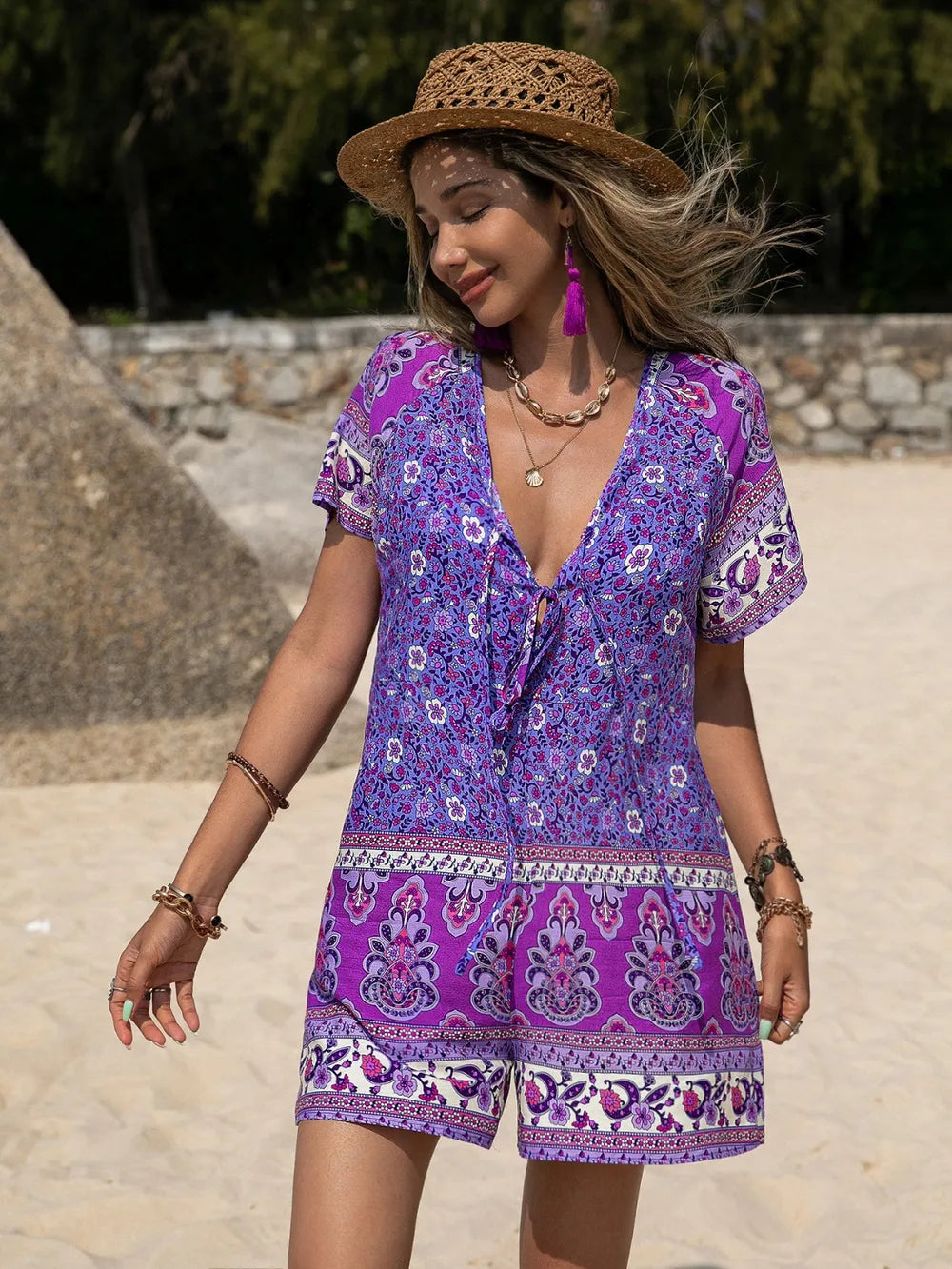Tied Printed Short Sleeve Romper - Lilixa.store
