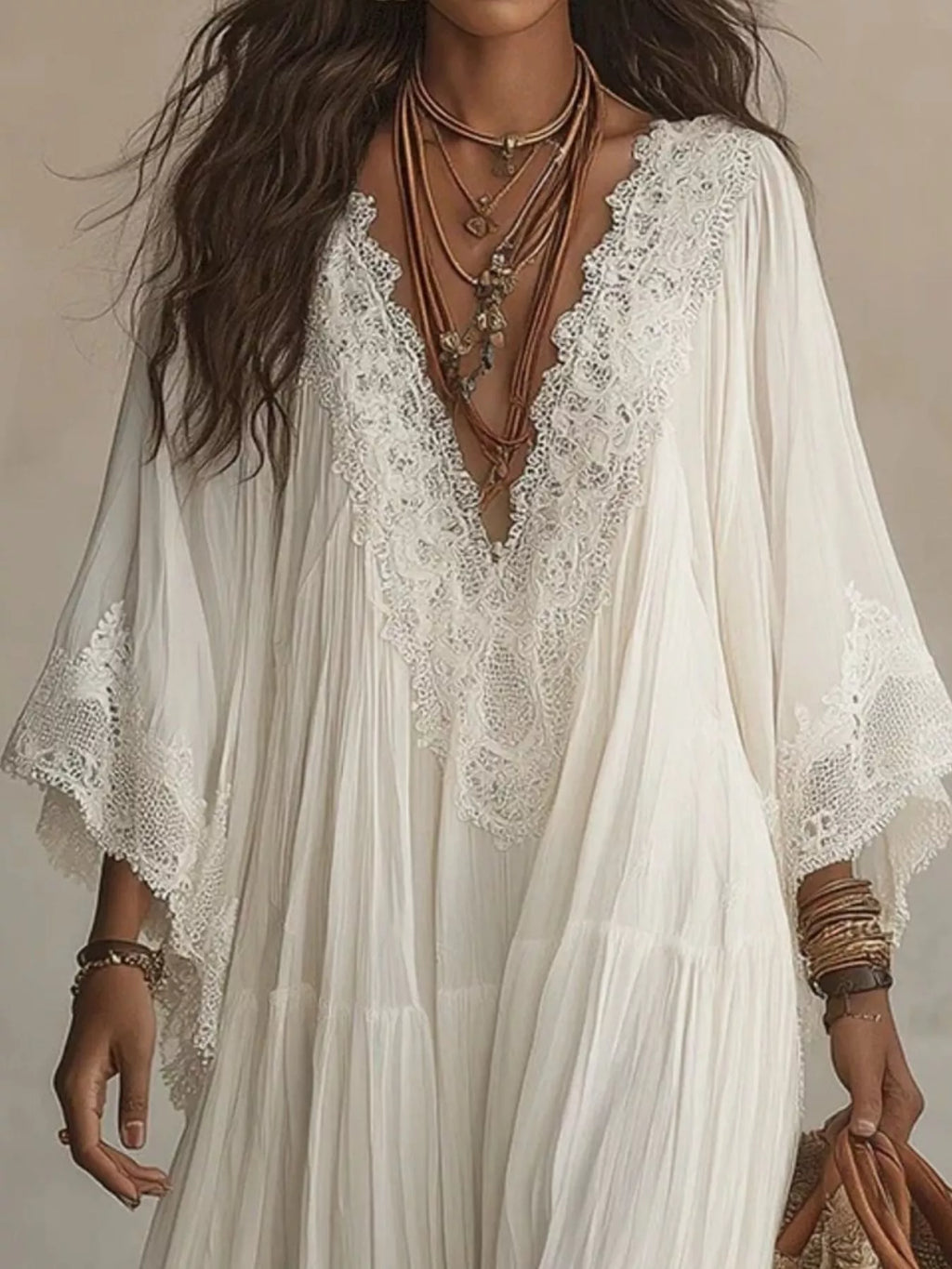 Lace Trim V-Neck Maxi Dress - Lilixa.store