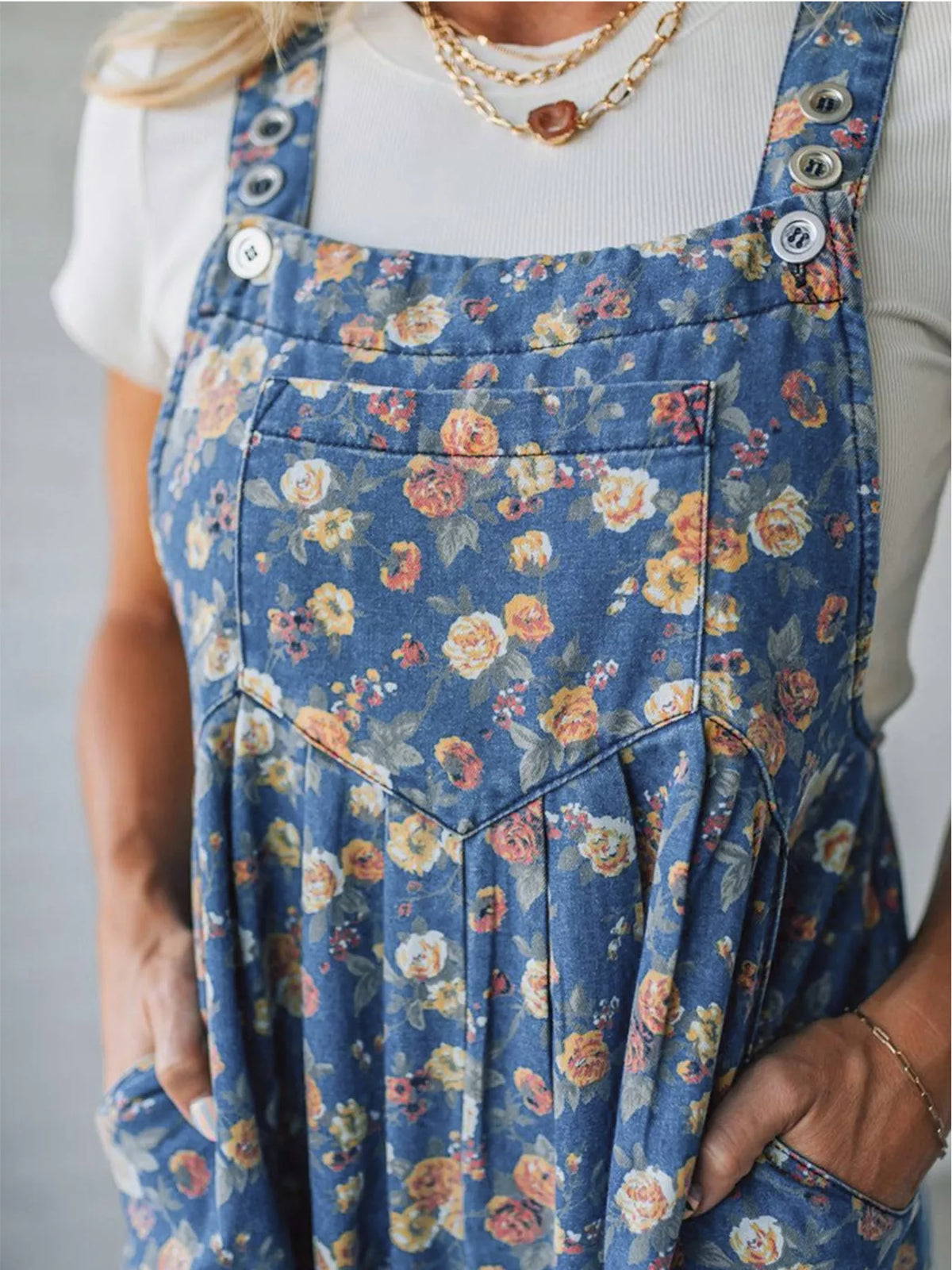 Floral Print Wide Leg Denim Overalls