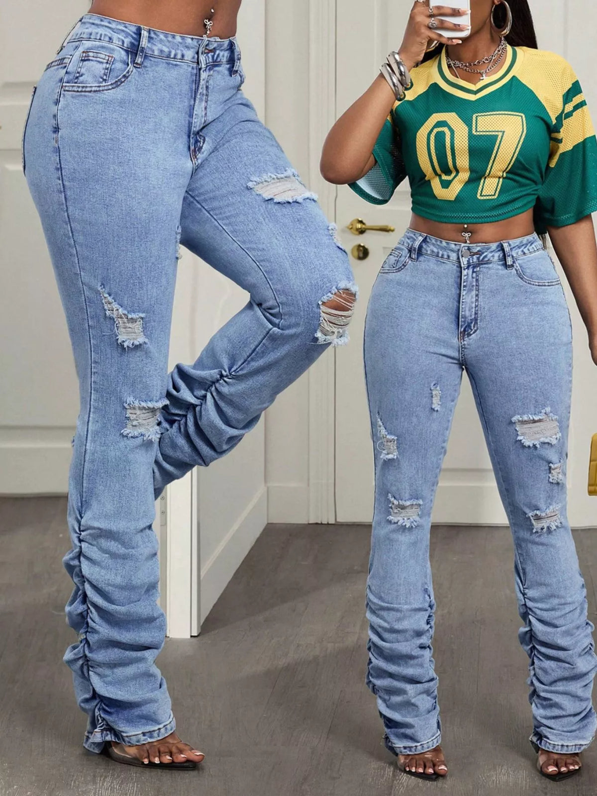 High-Waisted Distressed Stacked Hem Jeans - Lilixa.store