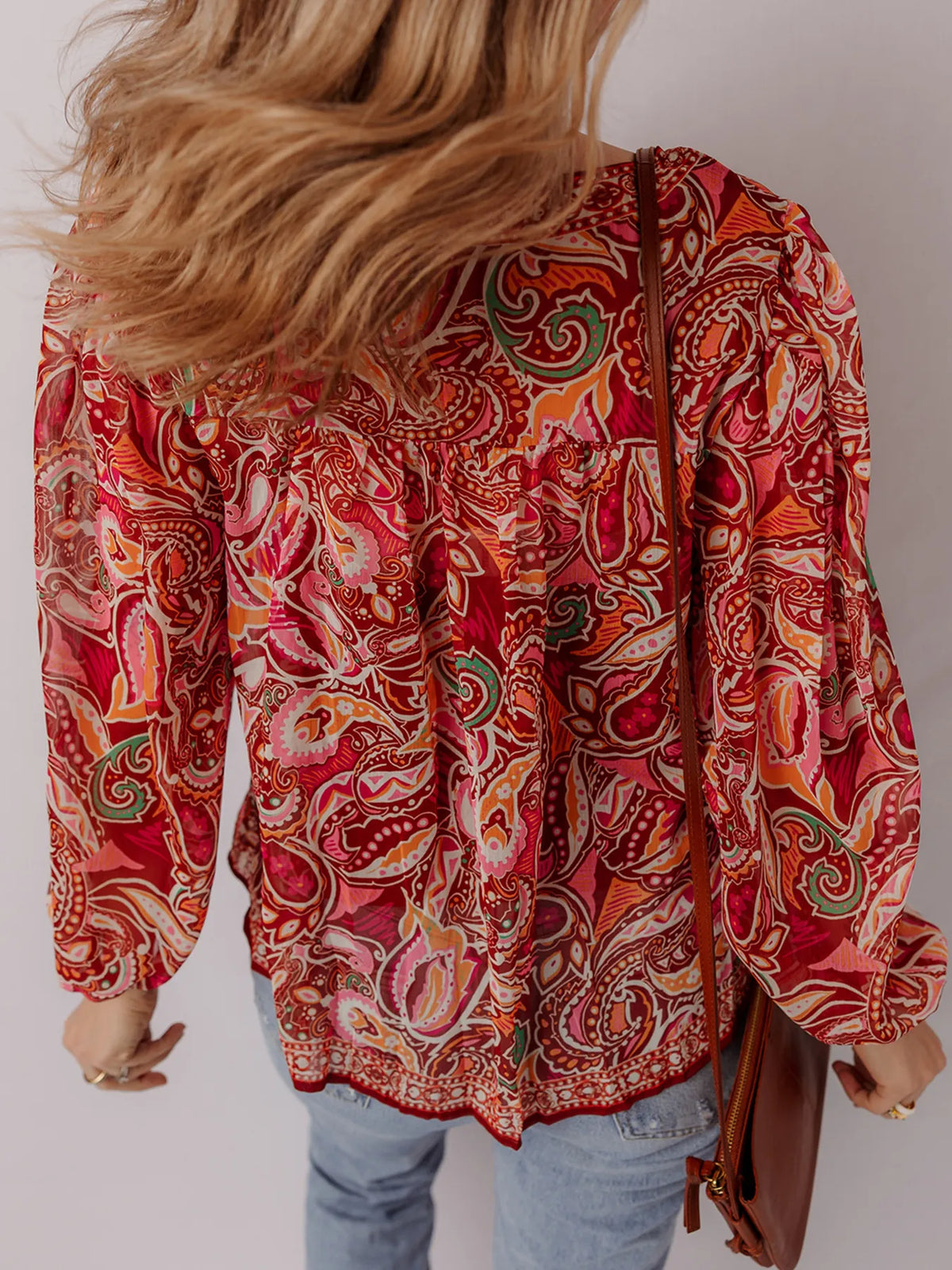 Multicolour Ethnic Paisley Print Tassel Tie Puff Sleeve Boho Blouse in Floral, view 2