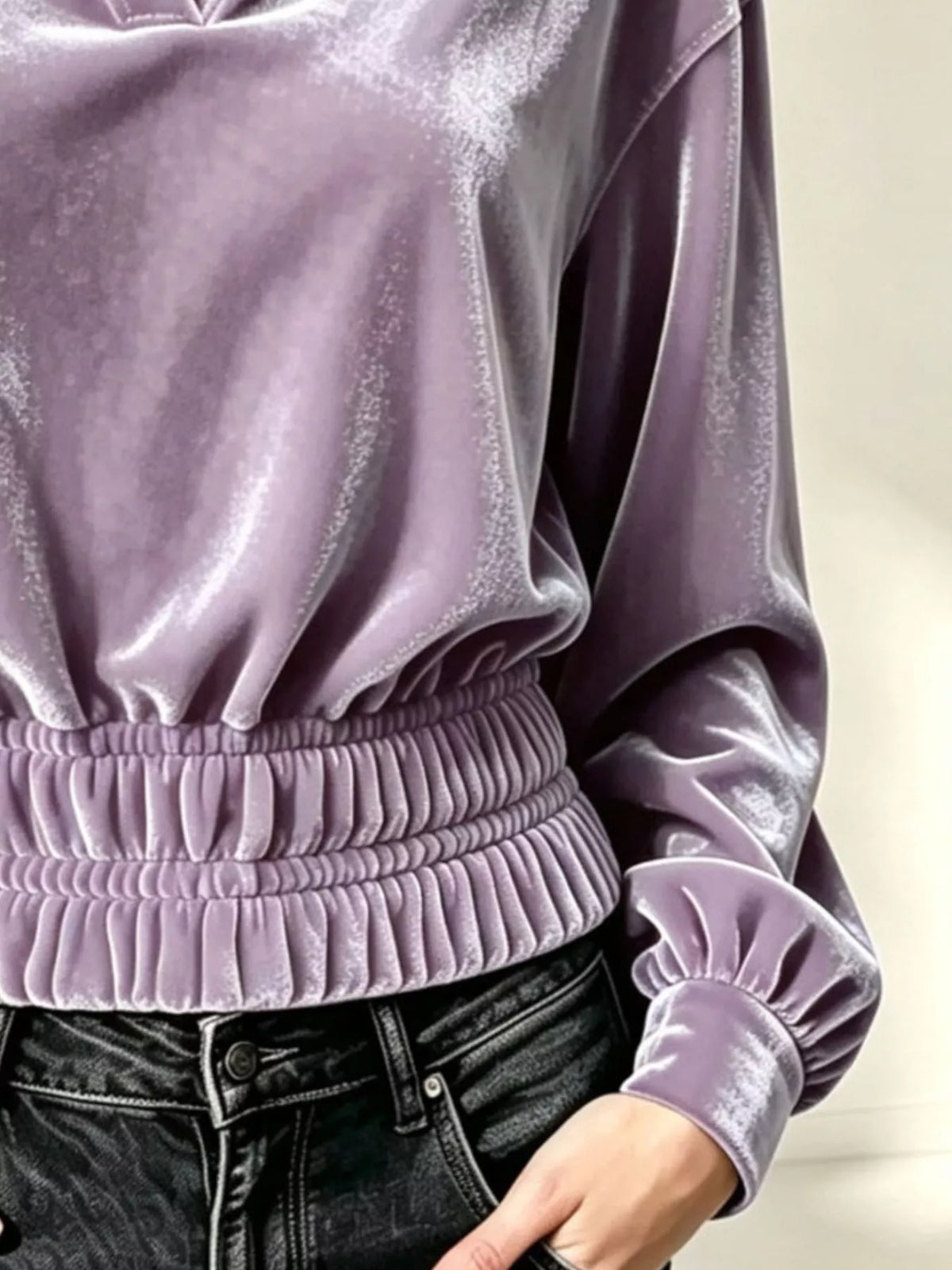 Velvet Johnny Collar Long Sleeve Blouse, view 4