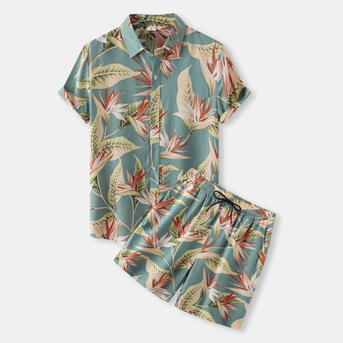 Men's Plus Size Printed Button Up Shirt and Shorts Set in Air Force Blue